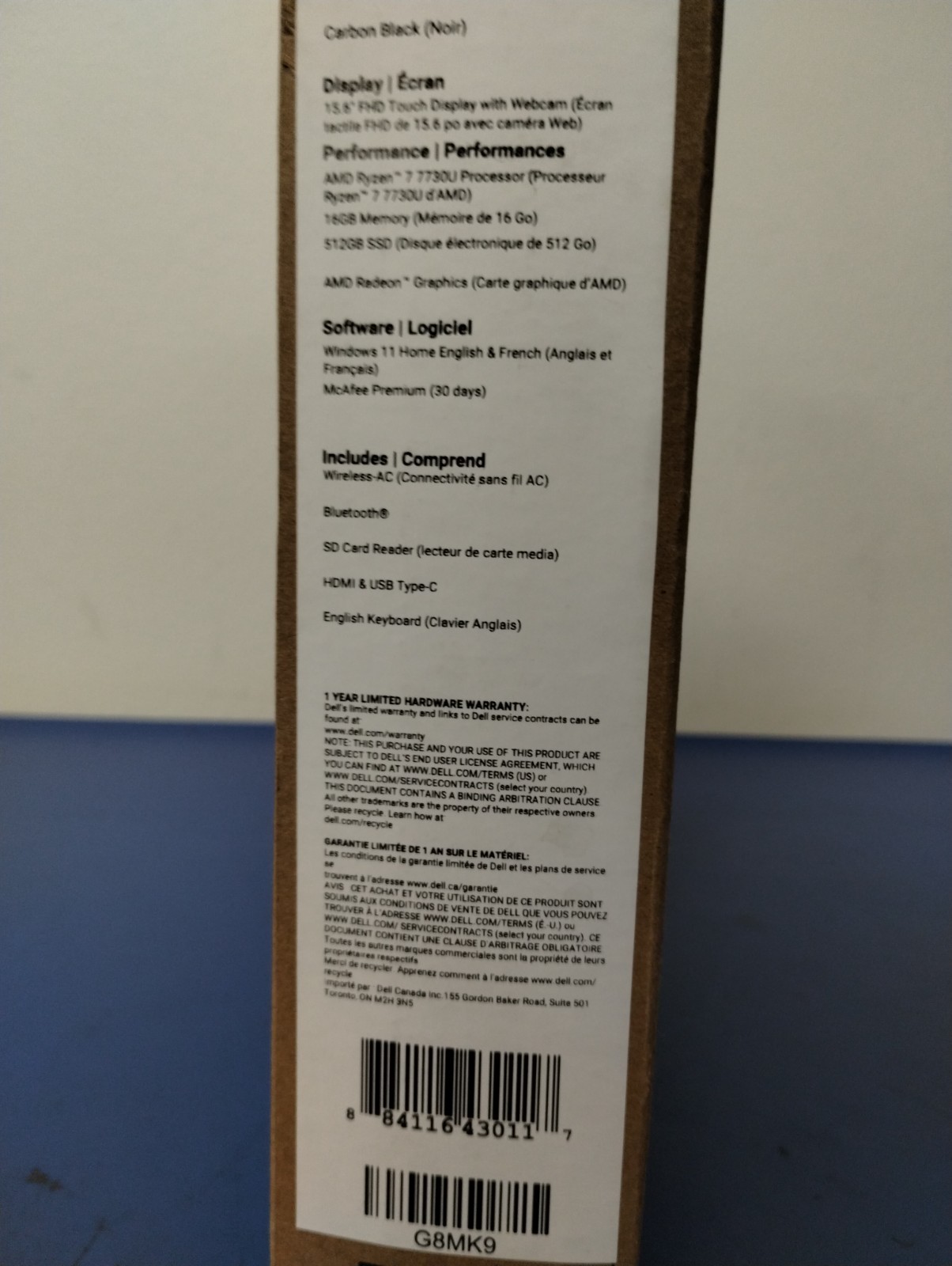 DELL 15 DC15255 G8MK9, AMD Ryzen 7 7730U, 2.00 GHz, 16 GB RAM, 512 GB NVMe SSD