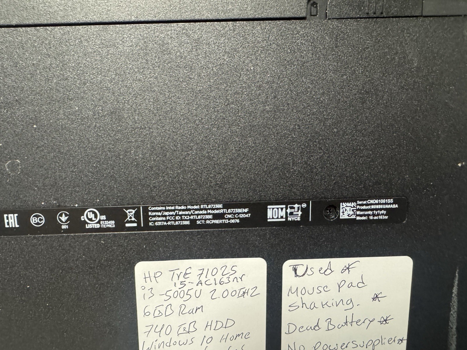 HP 15-AC163NR i3-5005U 6GB RAM 750GB HDD Touchpad Issue No Charger