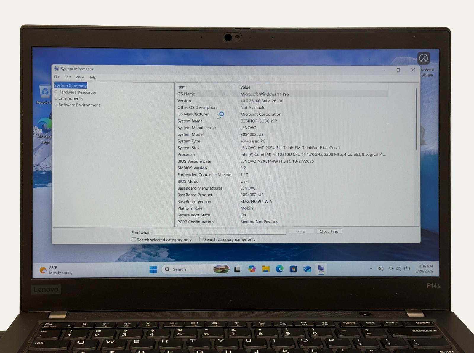 Lenovo Thinkpad P14s Gen 1 i5-10310U 1.7GHz 16GB RAM 128GB SSD BH: 88%