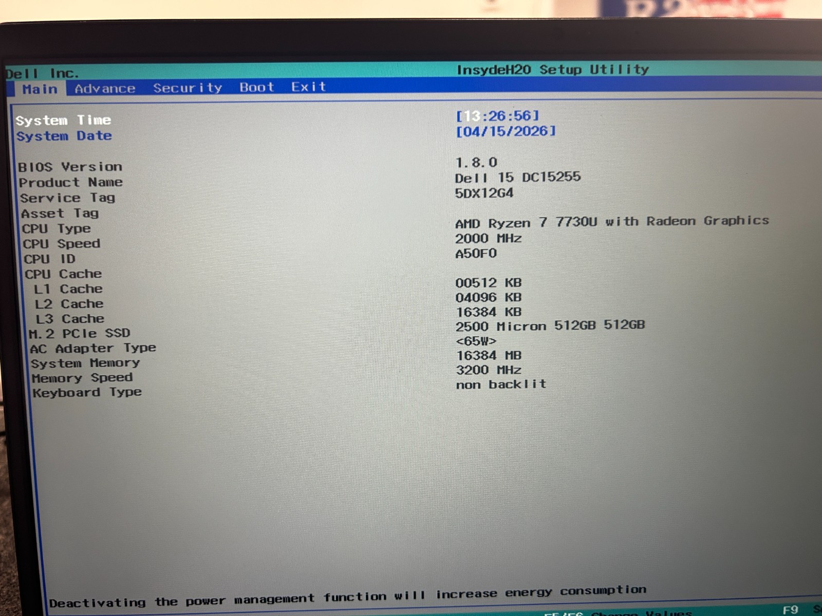 DELL 15 DC15255 G8MK9, AMD Ryzen 7 7730U, 2.00 GHz, 16 GB RAM, 512 GB NVMe SSD
