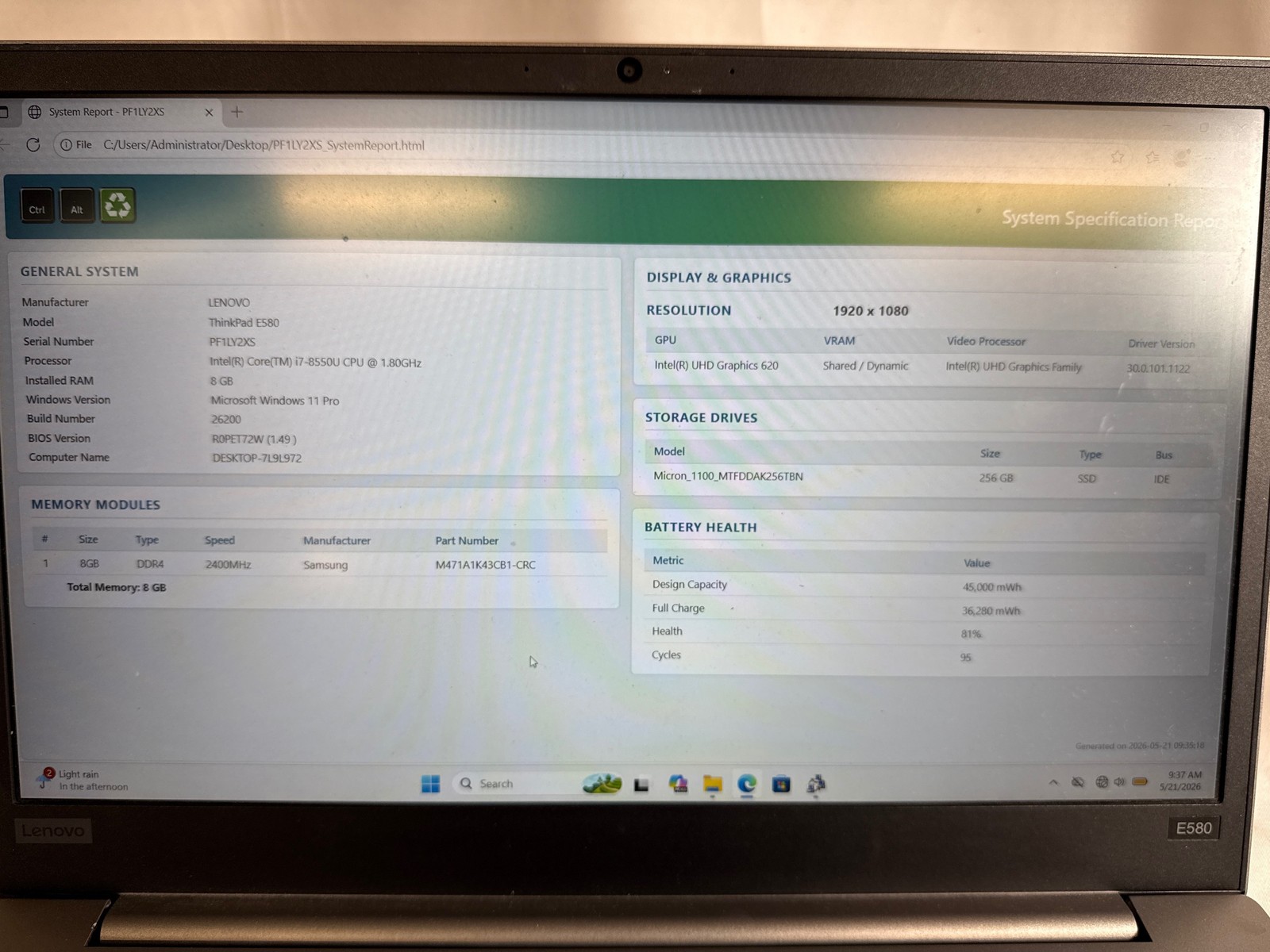 Lenovo ThinkPad E580 Intel Core i7-8550U 8 GB 256GB SSD 15.6″