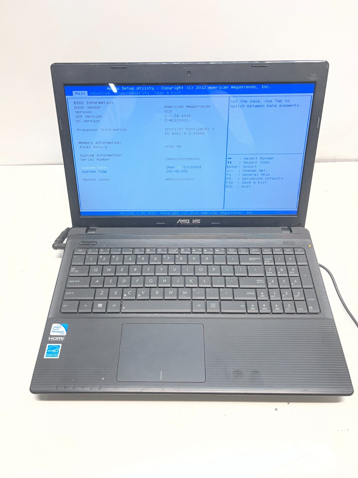 Asus X55A Intel Pentium B980 2.40GHz 4GB NO HDD