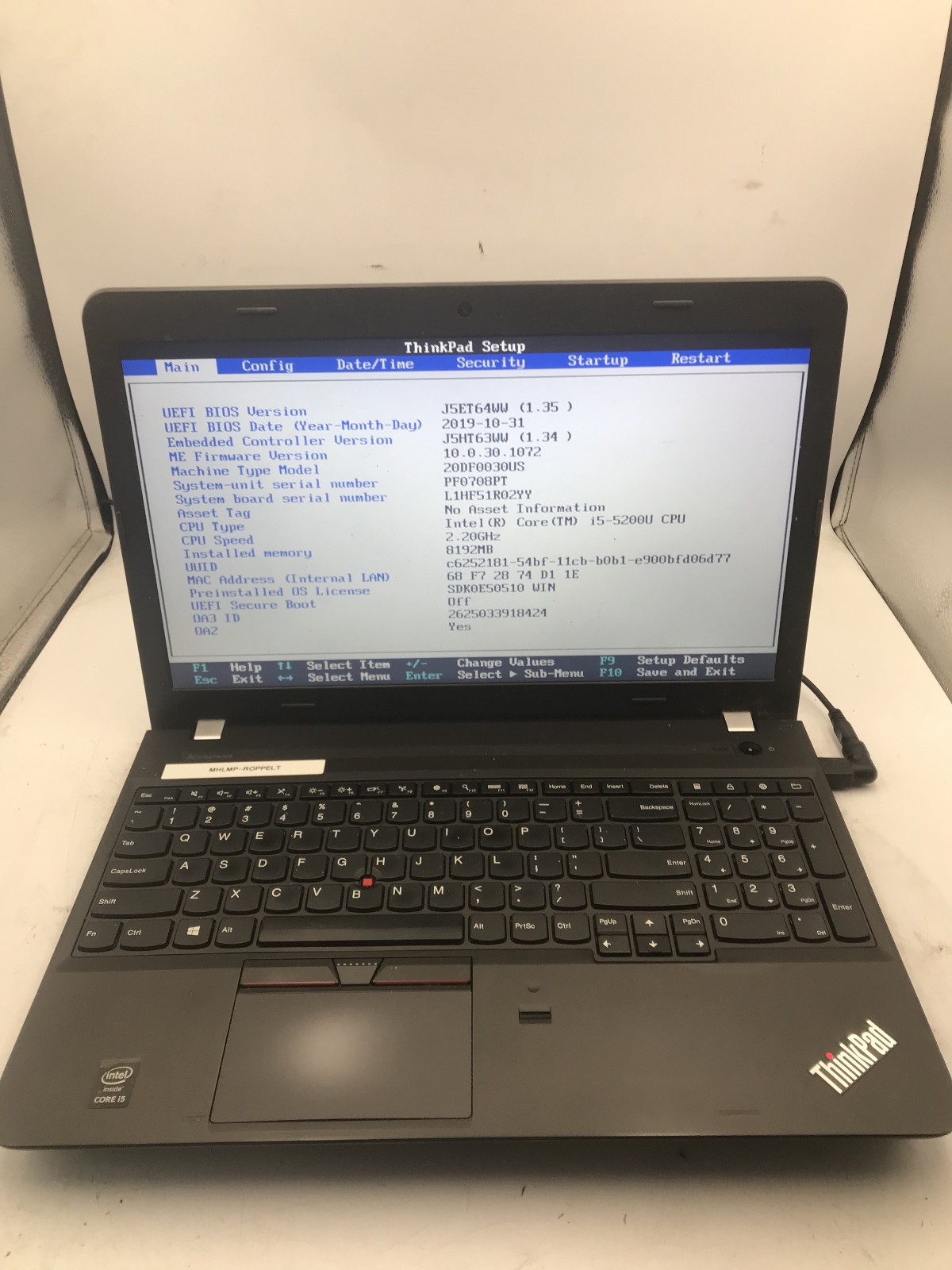 LENOVO THINKPAD E550 – BOOTS TO BIOS – INTEL I5 5200U – NO RAM – READ DESC – BB