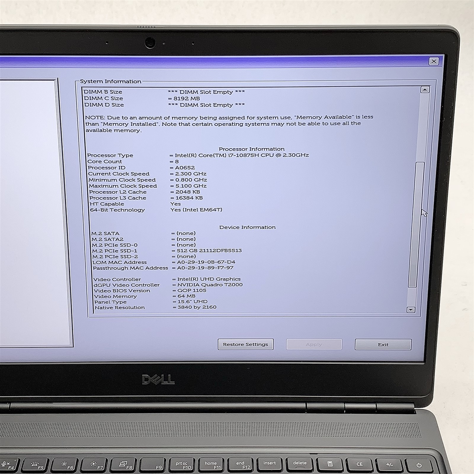 Dell Precision 7550 Laptop i7 10875H 2.30GHZ 15.6″ UHD 16GB 512GB T2000 Win 11