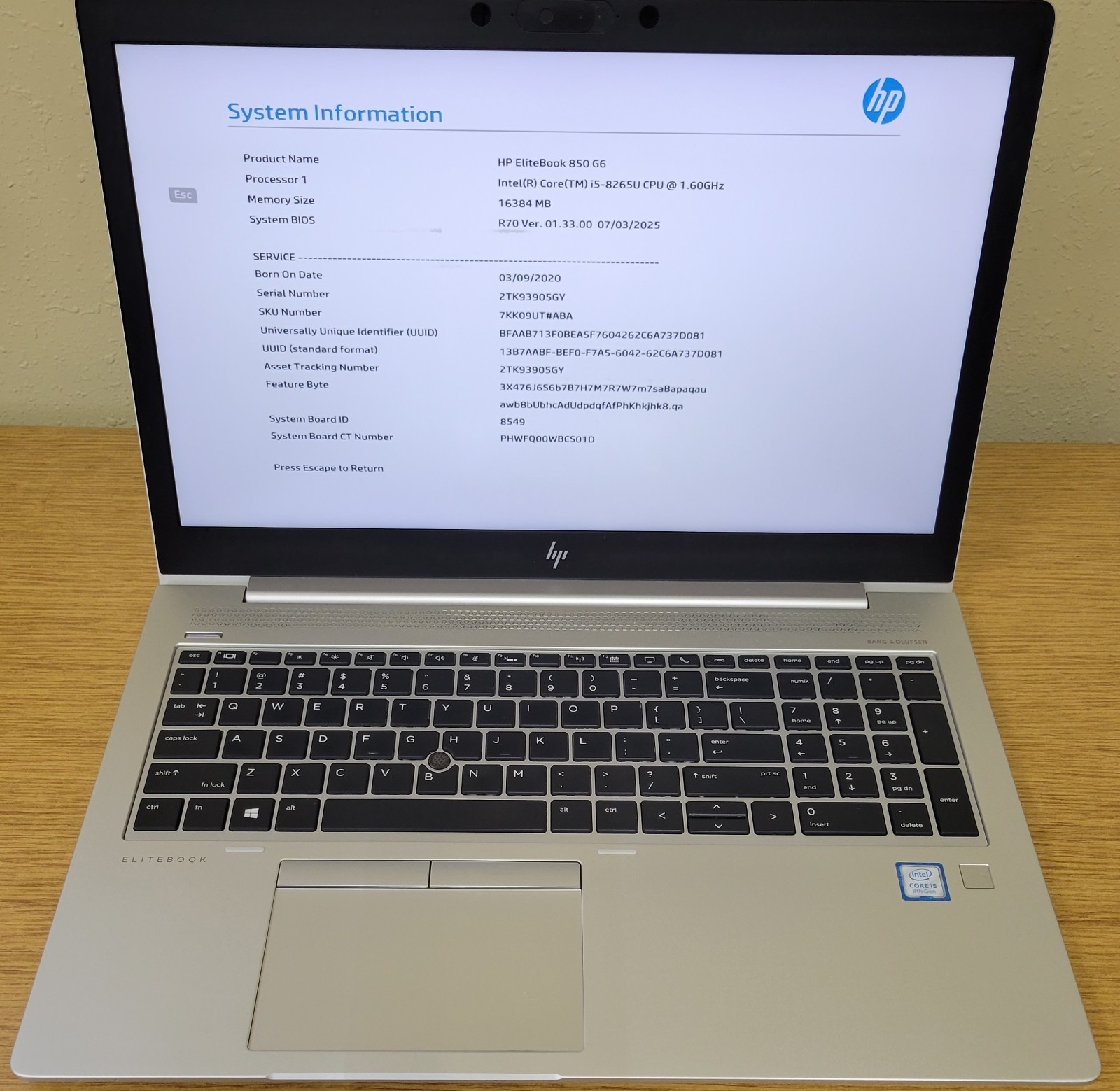 HP EliteBook 850 G6 i5-8265U 1.60GHz 16GB 128GB NVMe No OS *BIOS LOCKED*