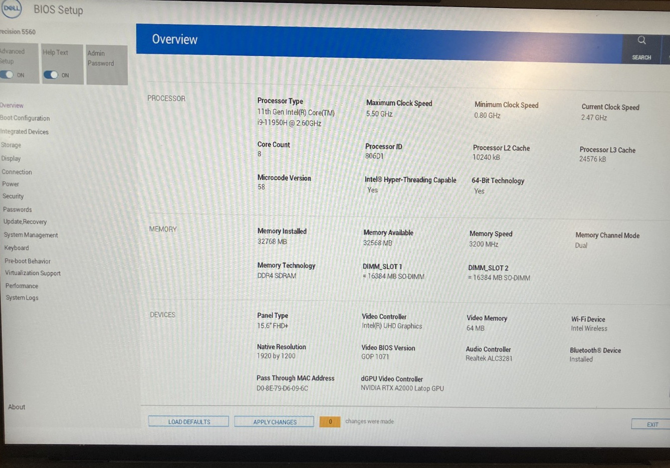 Dell Precision 5560 NVIDIA RTX A2000 2.6GHz Intel Core i9-11950H 32GB 1TB