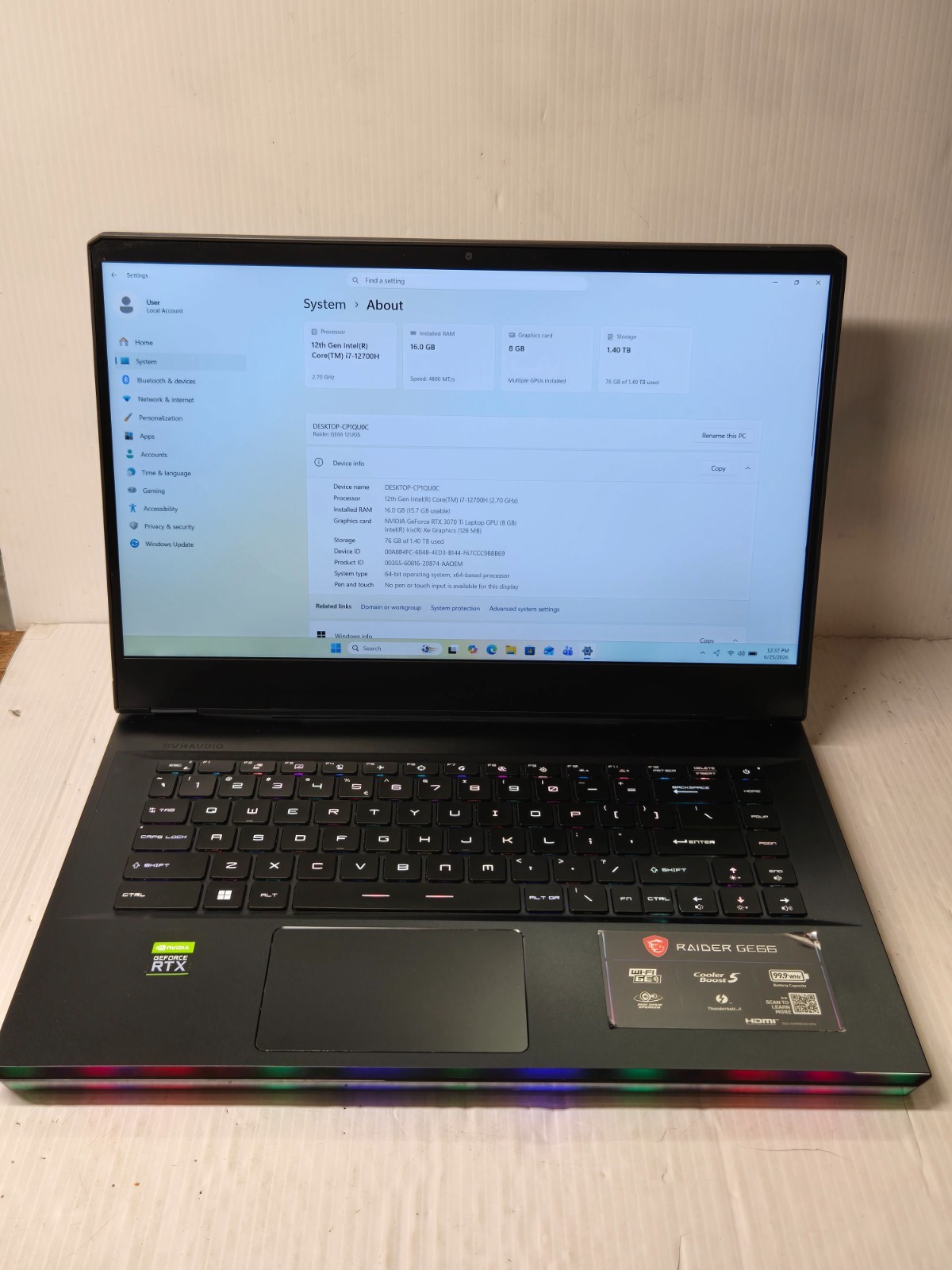 MSI Raider GE66 12UGS-602 15.6- i7-12700H – 3070 Ti – 16gb RAM – 1TB + 512GB SSD