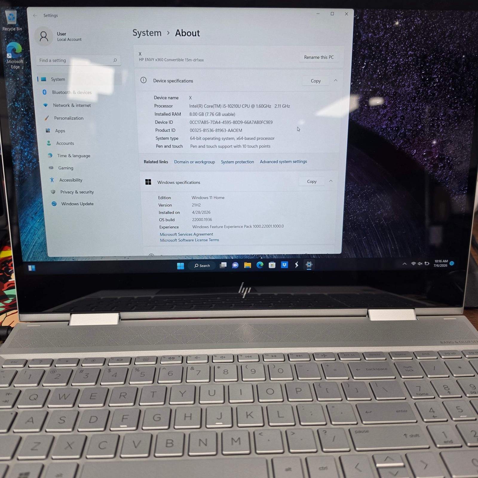 HP Envy x360 10210U 15.6″ I5-10210U 2.1GHz 8GB RAM 256GB SSD BAD BATTERY