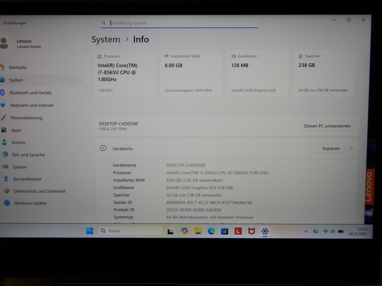 Lenovo Yoga 730-13IWL – Intel i7-8565U, 8GB Ram, 256GB SSD, 13.3″ FHD, UHD 620