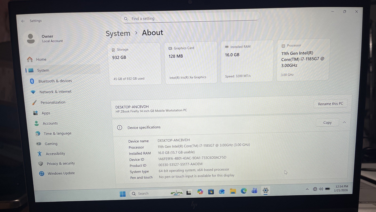 HP Z Book Firefly 14 G8 14″ i7-1185G7@3.0GHz, 16GB RAM, 1 TB M2, W11P *READ*