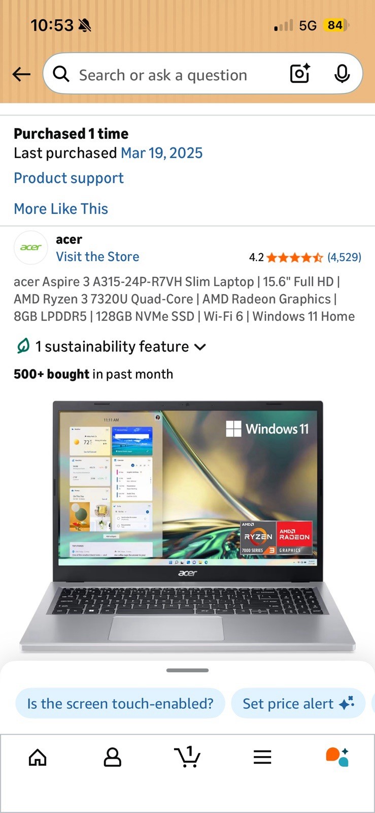 Acer Aspire 3 15 15.6″ FHD Ryzen 3 7320u 8GB RAM 128GB SSD Win11 Silver