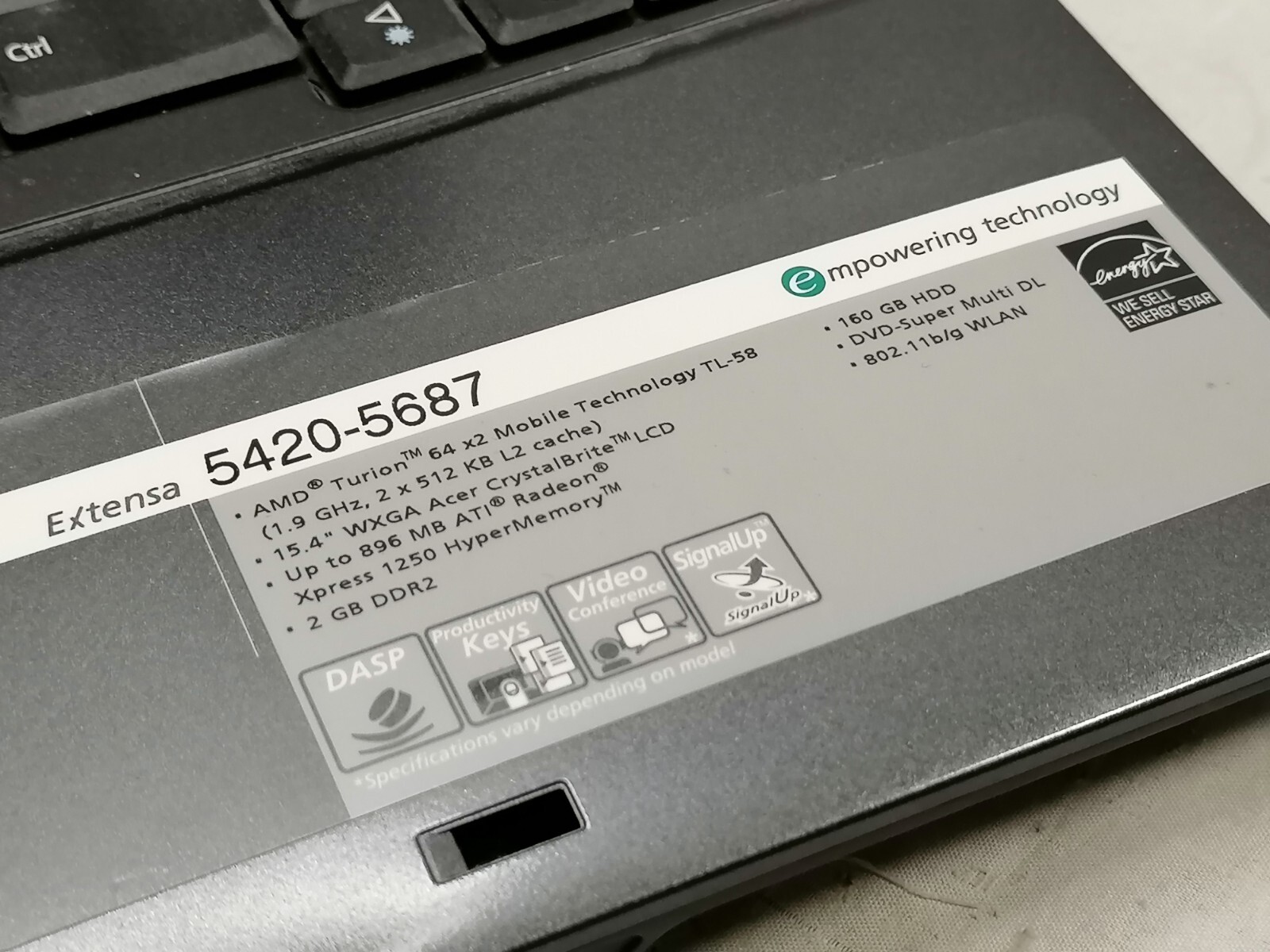 FOR PARTS 15.4″ Acer Extensa 5420-5687 (Turion 64 X2/1.6 GHz/NO RAM/NO HDD)