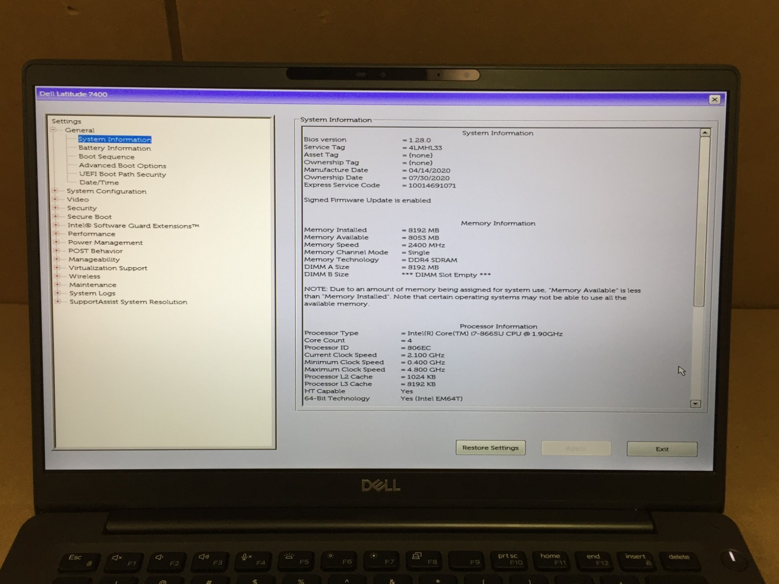 Dell Latitude 7400 14″ FHD Laptop Core i7-8665U 8GB RAM 512GB SSD w/AC Adapter