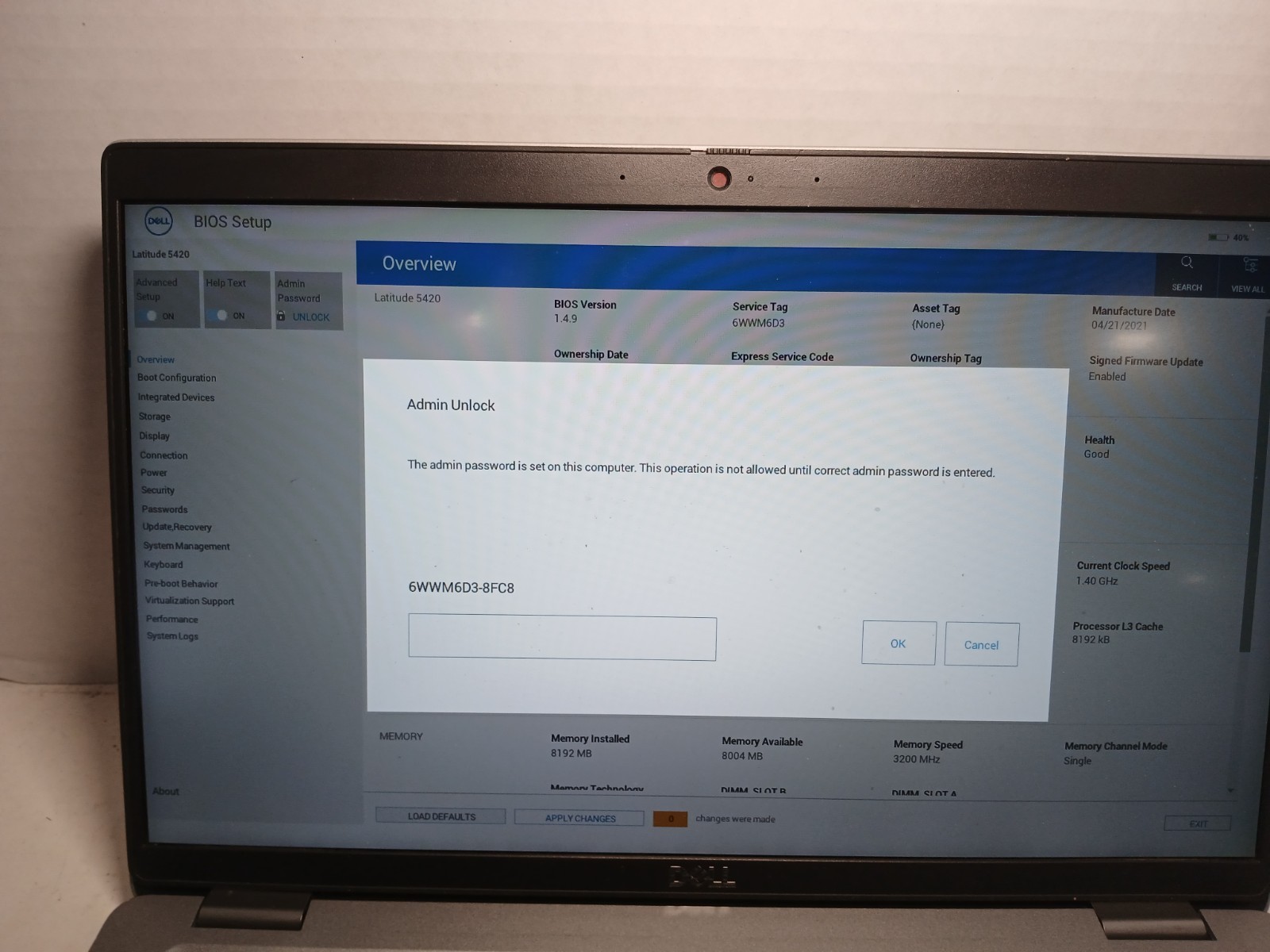 Dell Latitude 5420 14″ Laptop i5-1135G7 8GB No SSD/OS! BIOS PW!! #97