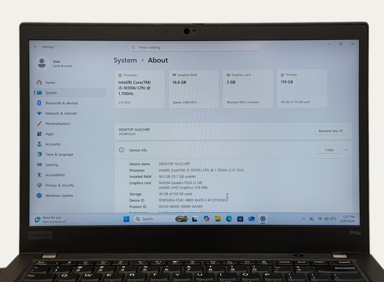 Lenovo Thinkpad P14s Gen 1 i5-10310U 1.7GHz 16GB RAM 128GB SSD BH: 88%