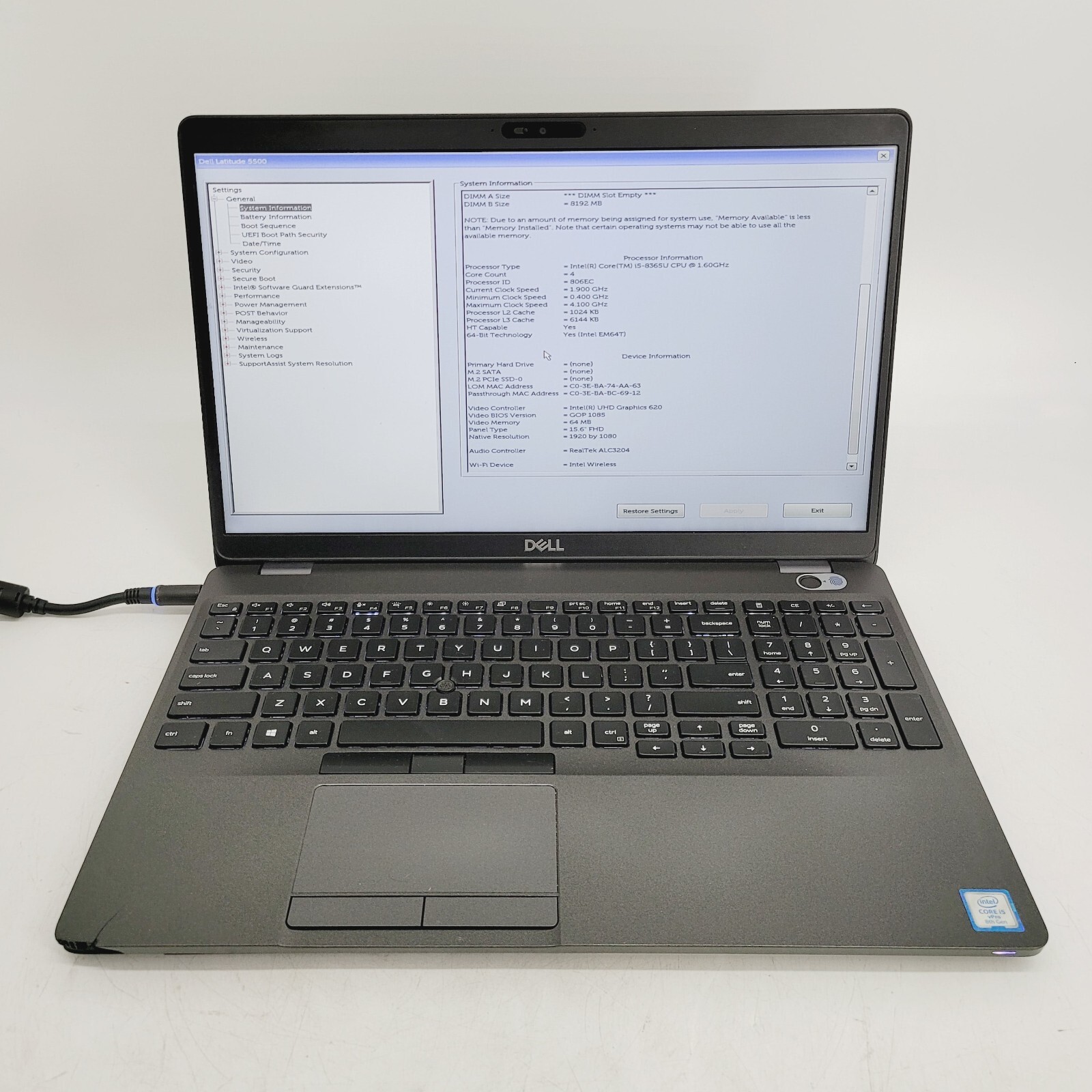 Dell Latitude 5500 Core i5-8365U 1.6GHz 8GB RAM No HDD 15.6″ ***Boot to Bios