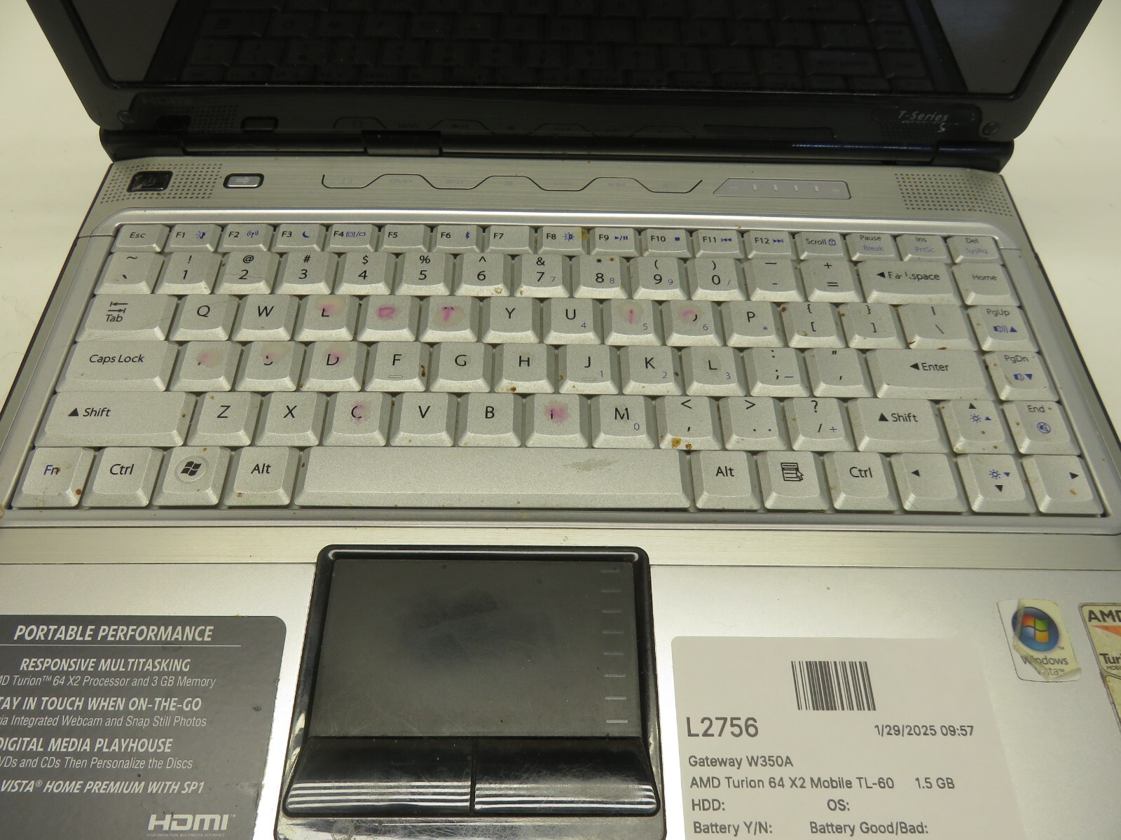 Gateway W350A AMD Turion 64 X2 Mobile TL-60 2000MHz 1.5 GB NO HDD No Batt