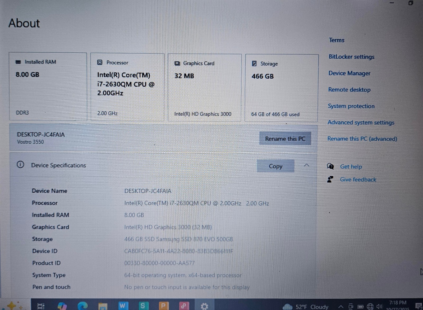 DELL Vostro 3555 Laptop 15.6″ i7 2630QM 8GB RAM 500GB SSD Win 10 Pro