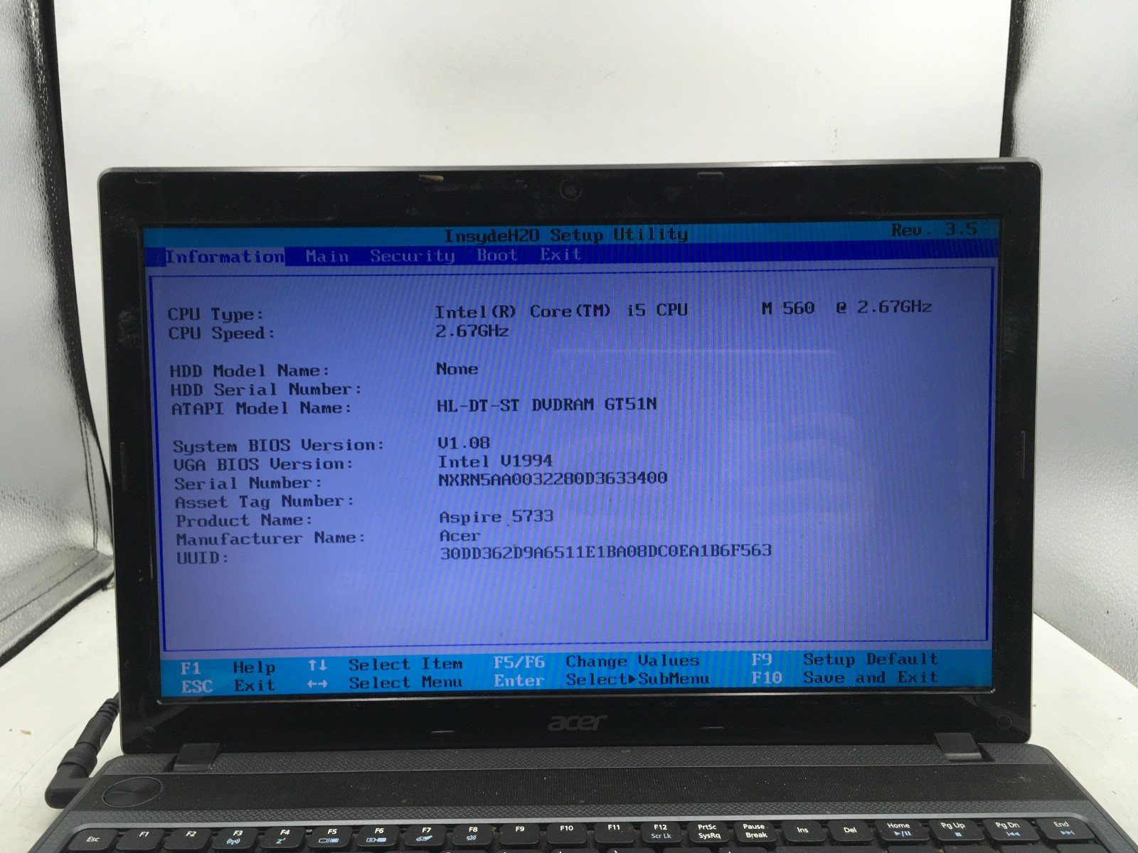 ACER ASPIRE 5733 6838 – BOOTS TO BIOS – INTEL I5 M560 – NO RAM – READ DESCRIP-BB
