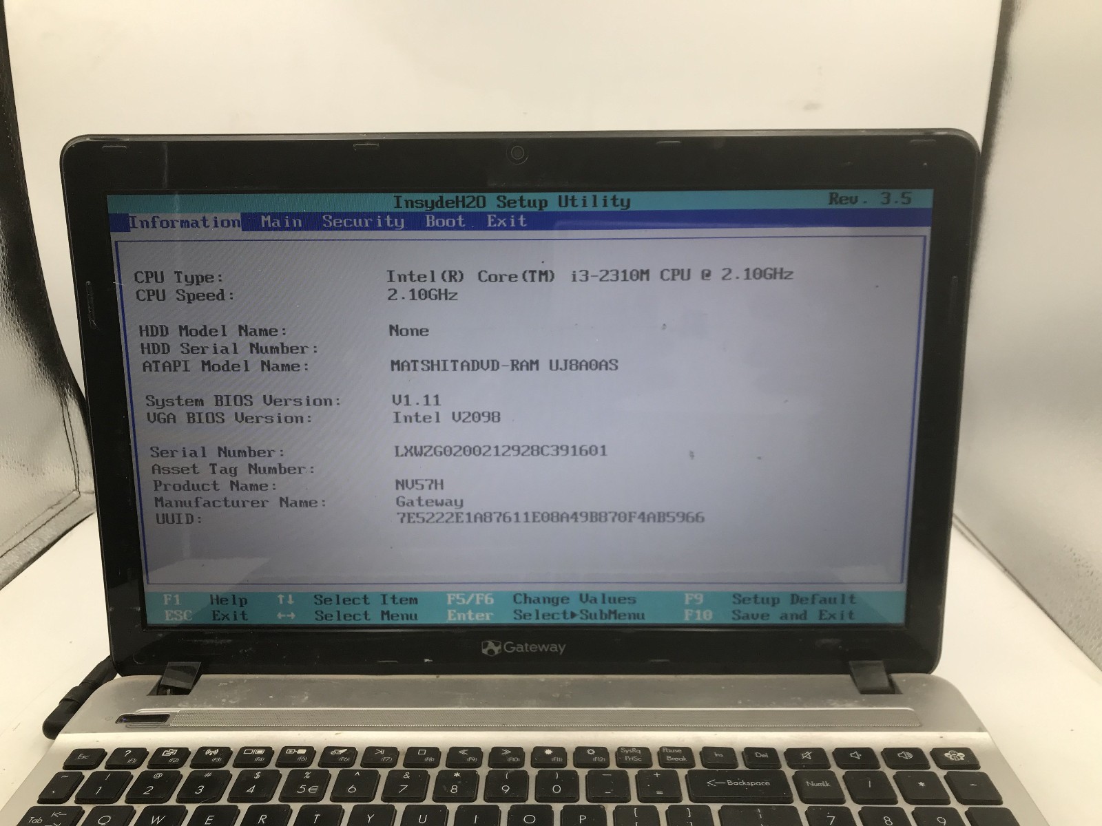 GATEWAY NV57H37U – BOOTS TO BIOS – INTEL I3 2310M – NO RAM – READ DESCRIP – BB!!
