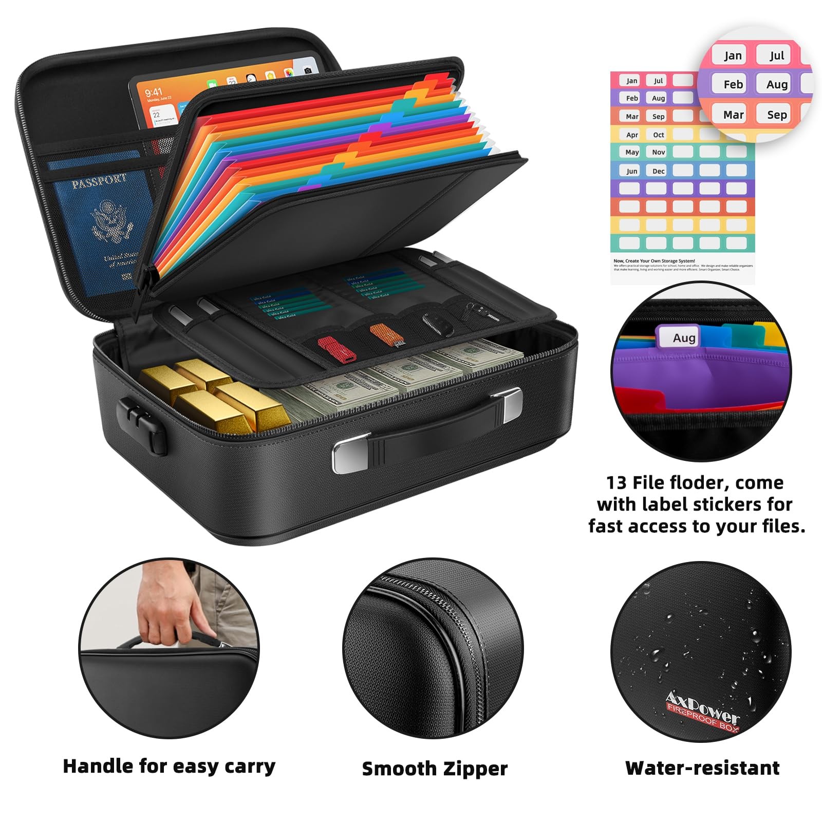 Fireproof Document Box Hard Case w/ Lock, Multi-Layer Fire Water Resistant Safe
