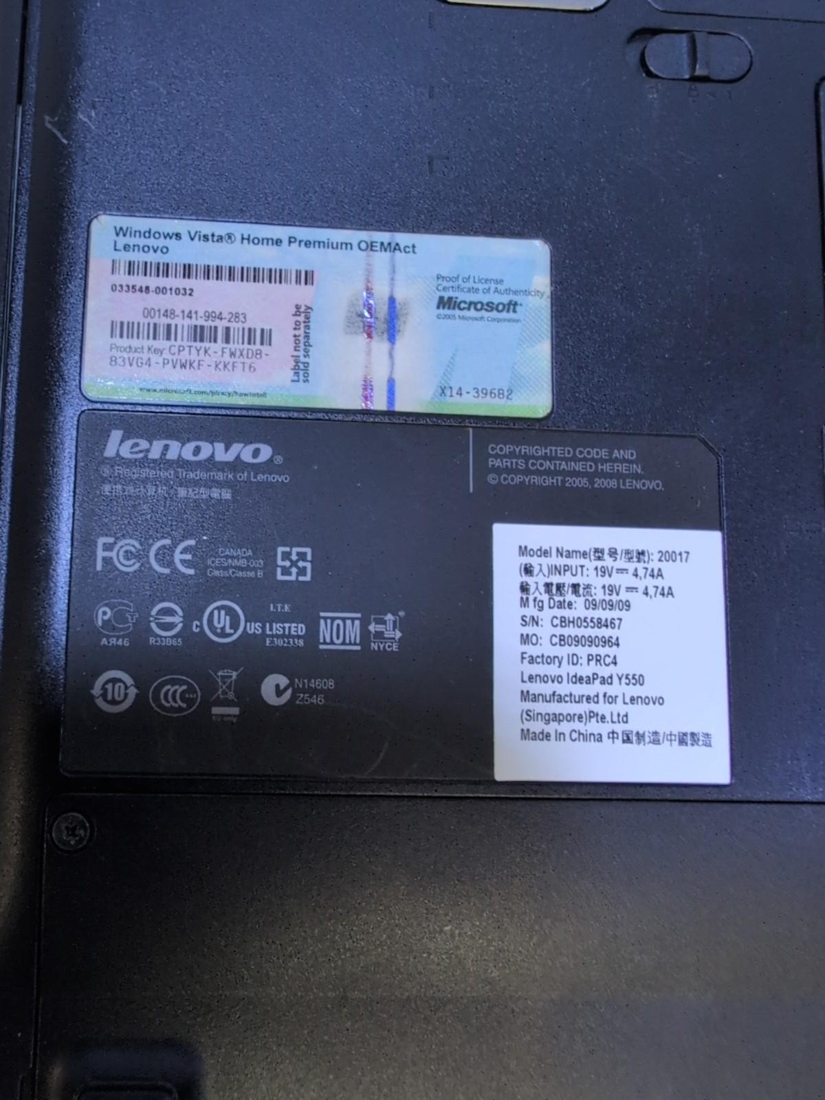 Lenovo IdeaPad Y550 15.6″ Laptop Core 2 Duo T6600 /3GB RAM/500GB HDD/WIN XP –