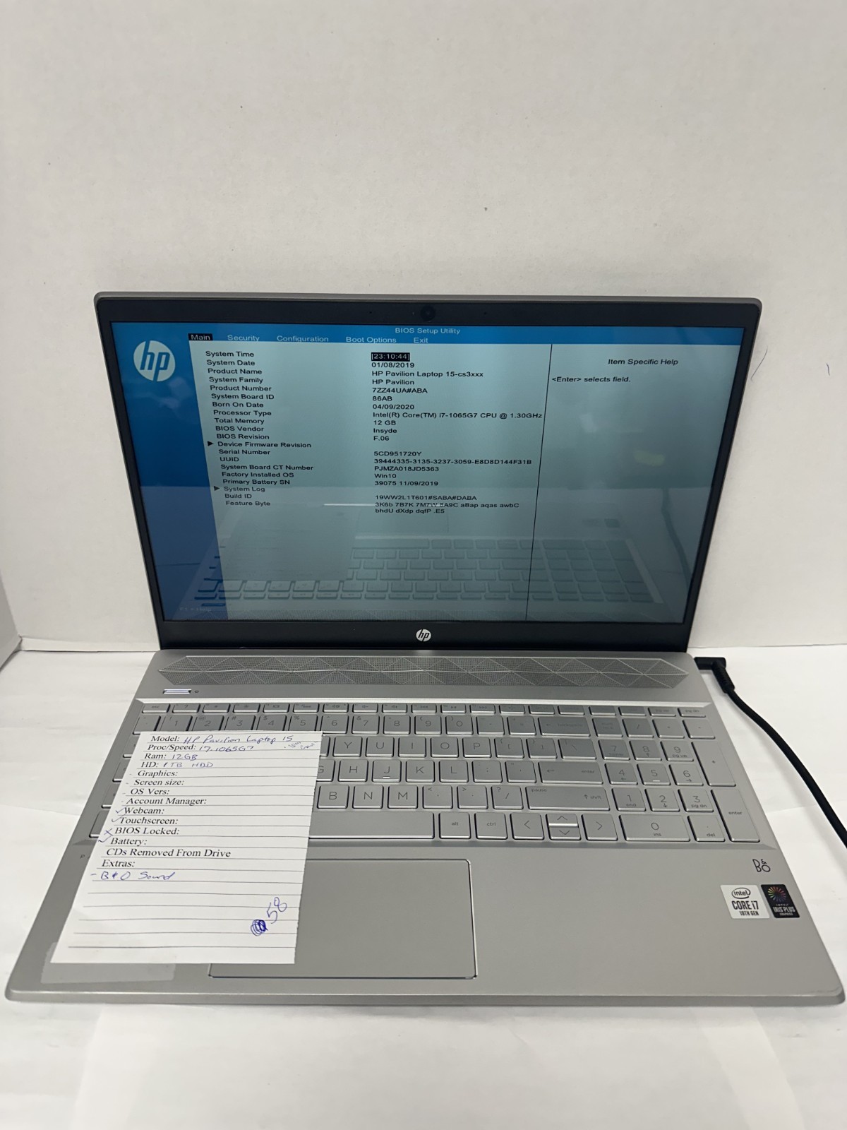 HP Pavilion 15 i7-10th Gen 12GB Ram 1TB HDD (No OS, or Charger)