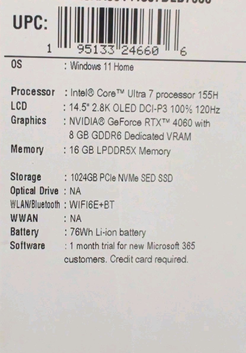 New Acer Swift X 14 Laptop 14.5″ OLED RTX4060 16GB 1TB Intel Core Ultra 7 155H
