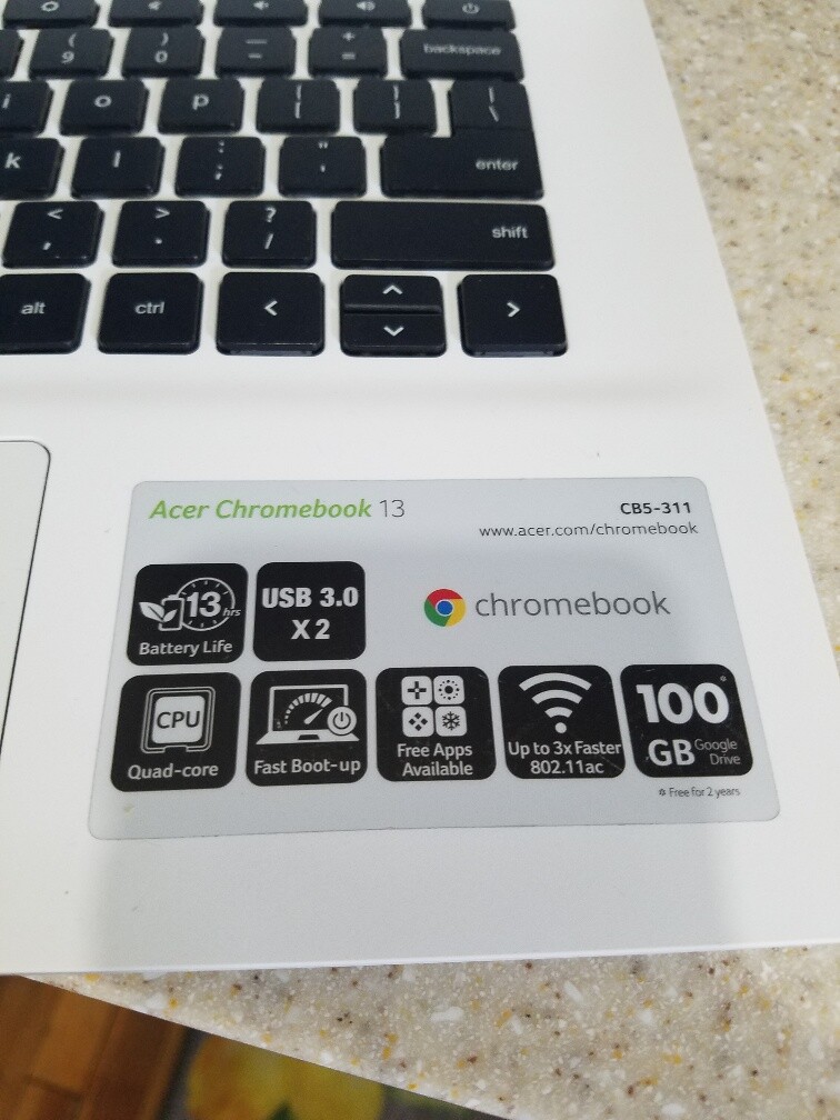 White Acer Chromebook 13.3 CB5-311-T9Y2 K1 A15 2.1GHz 16GB SSD 4GB RAM