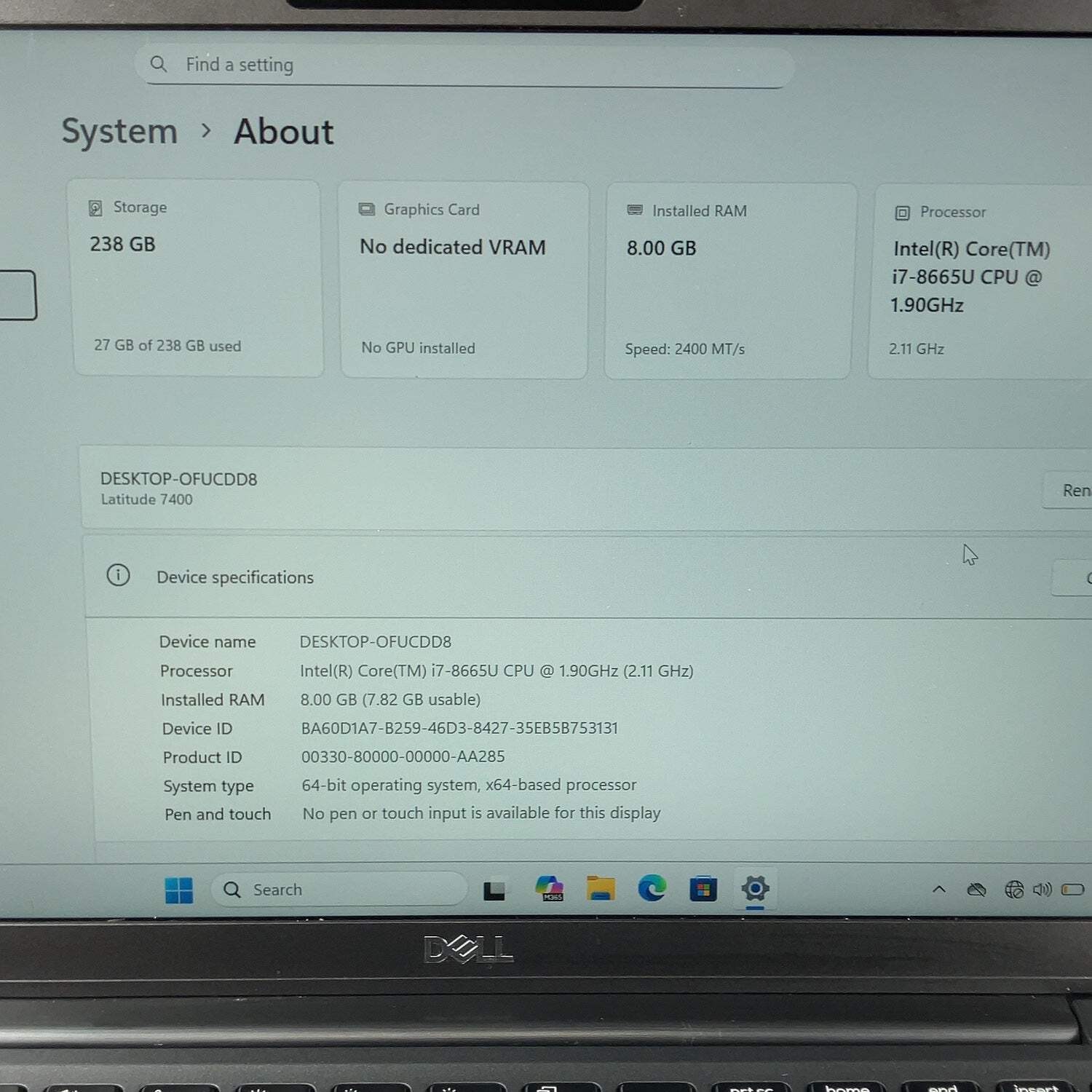 Dell Latitude 7400 14″ i7-8665U 1.9GHz 8GB RAM 256GB SSD WIN 11