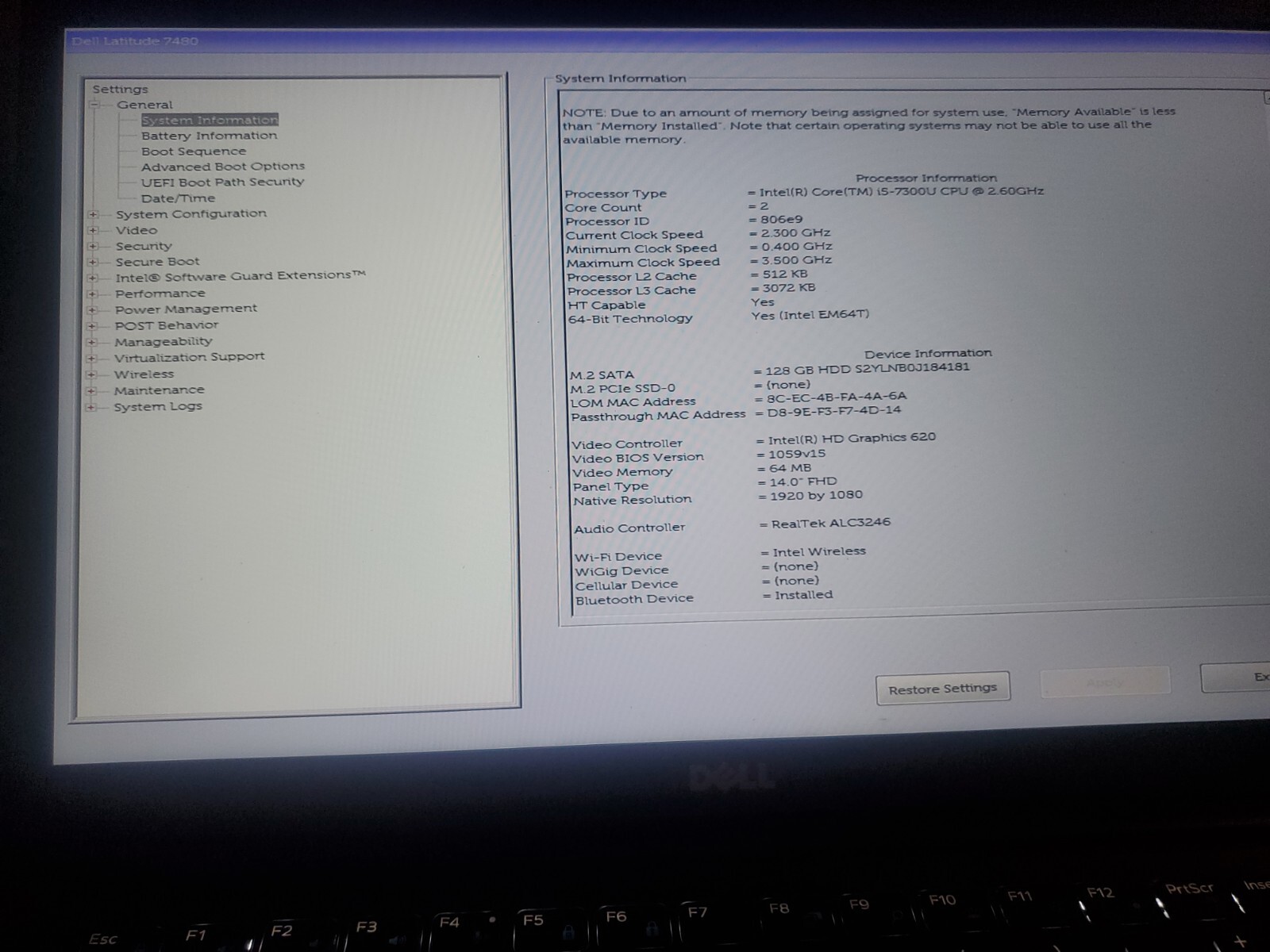 Dell Latitude 7480 Intel i5-7300U @ 2.60GHZ 8GB 120GB SSD
