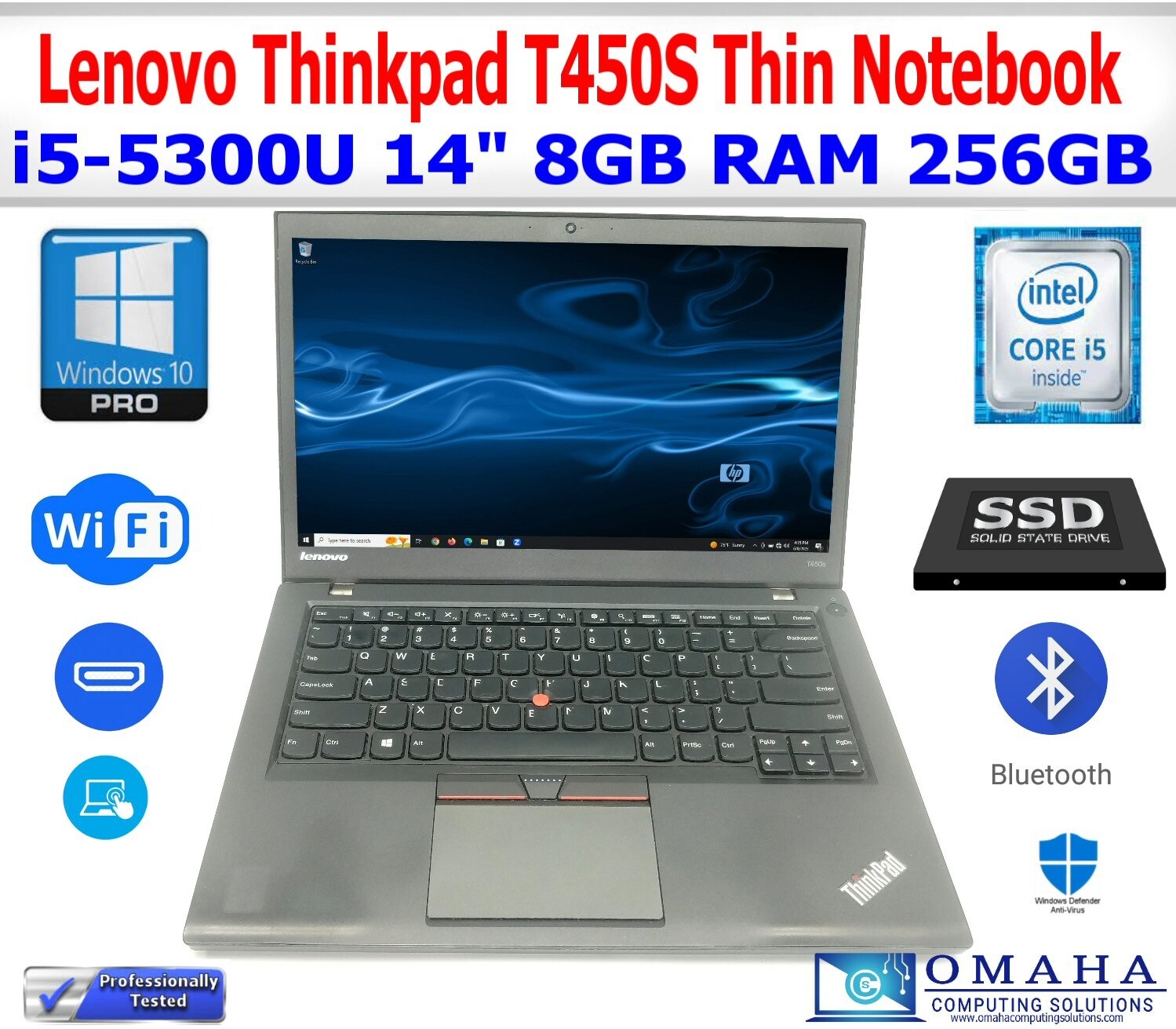 LENOVO THINKPAD T450S i5-5300U 2.30GHZ 14″ 8GB RAM 256GB SSD WIN10 PRO WIFI/BT
