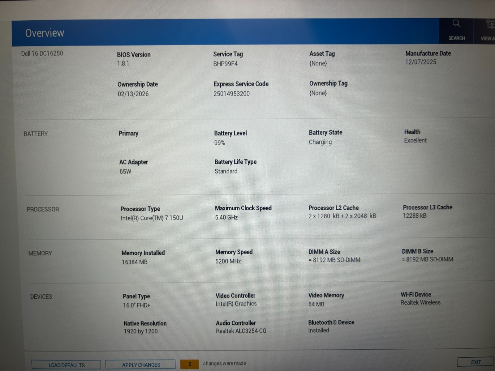 DELL 16 DC16250 MRYT3, Intel Core 7-150U, 1.80 GHz, 16 GB RAM, 1 TB NVMe