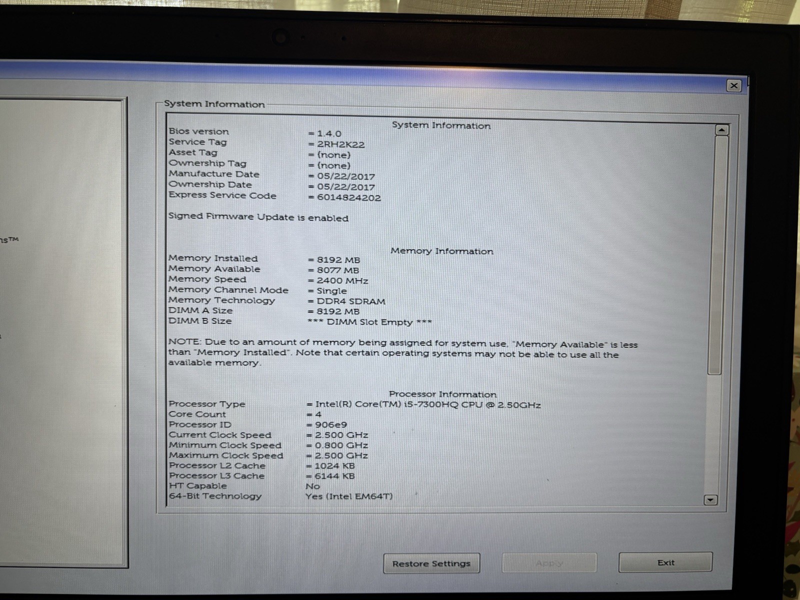 Dell Inspiron 15 7000 Gaming- Intel i5-7300HQ Laptop Computer NO OS
