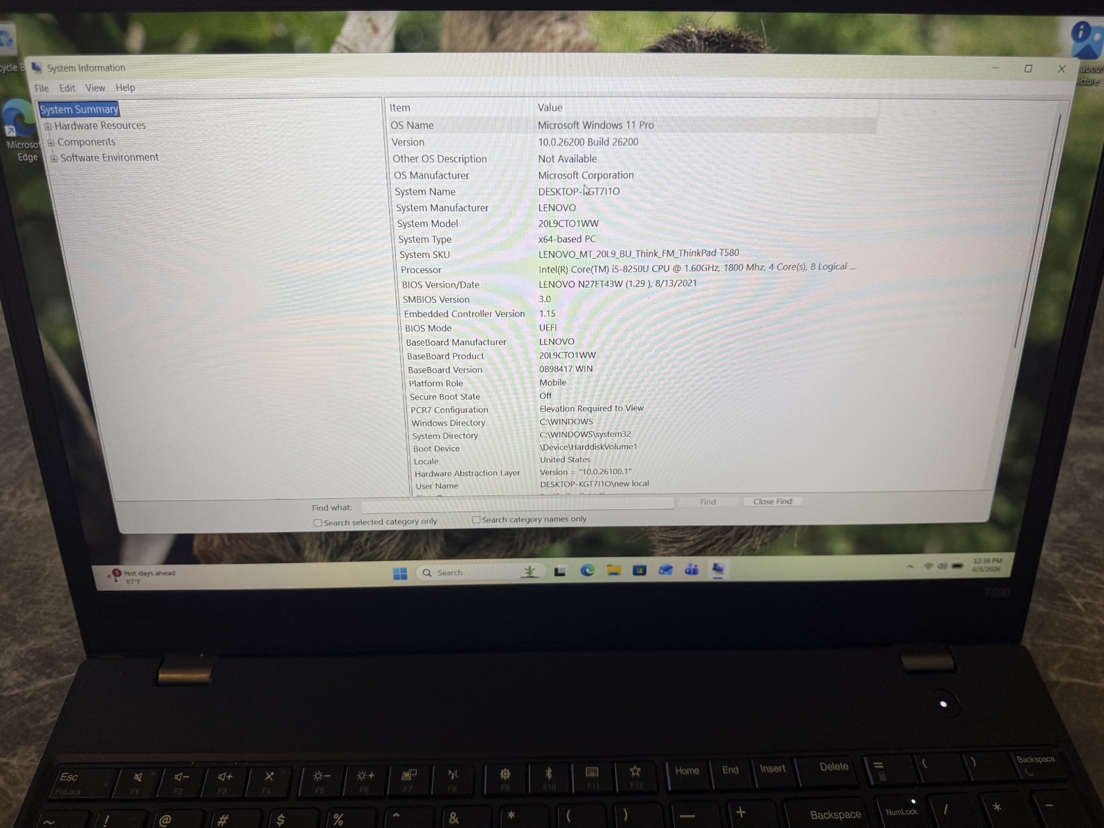 Lenovo ThinkPad T580 Intel i5-8250U 8GB RAM 240GB NVMe 15.6″ FHD Win 11 Pro