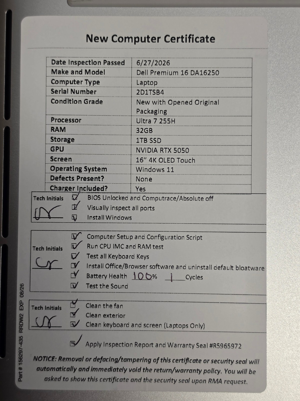 Dell XPS 16 Premium DA16250 4K OLED Touch Ultra 7 255H 32GB RAM 1TB SSD RTX 5050