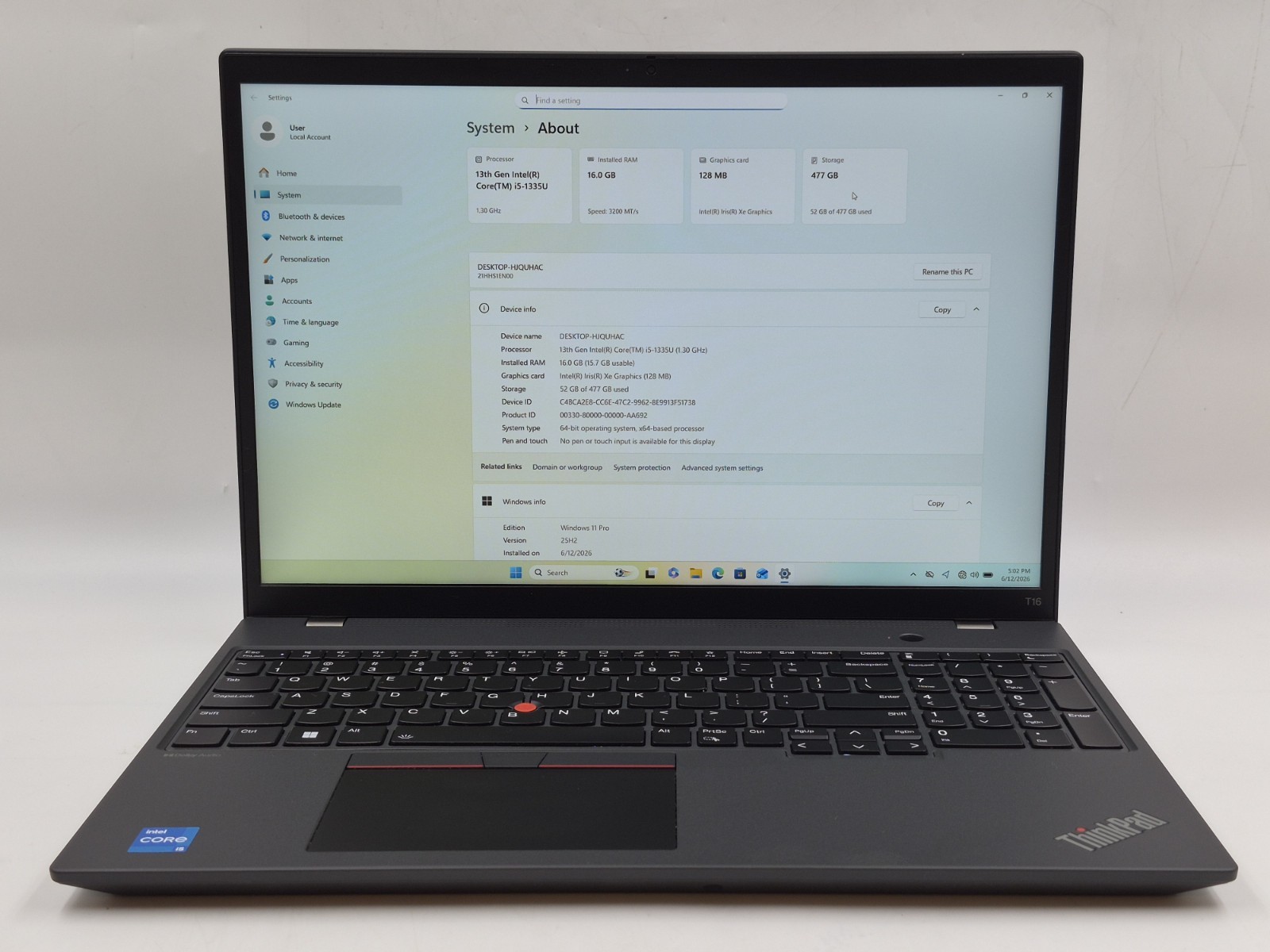 Lenovo ThinkPad T16 Laptop i5-1335U 1.30GHz 16GB RAM 512GB NVMe W11P