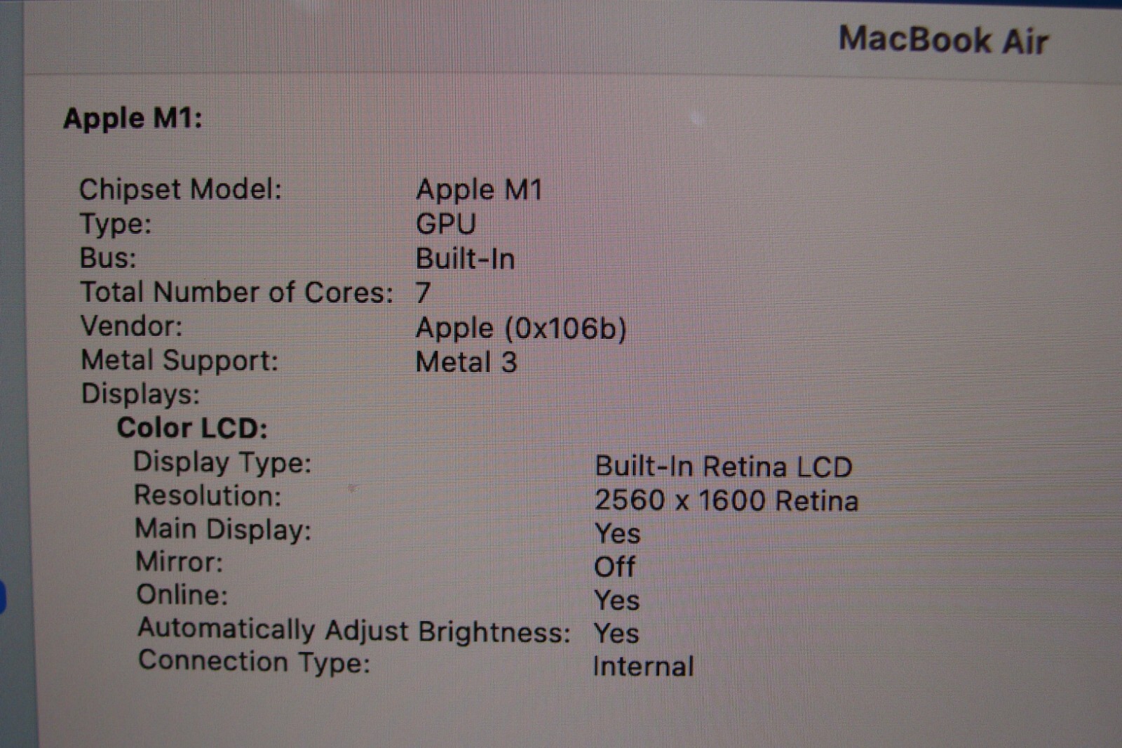 Apple MacBook Air A2337 13.3″ M1 (2020) 8CPU/7GPU 8GB 256GB OS Sonoma +Charger