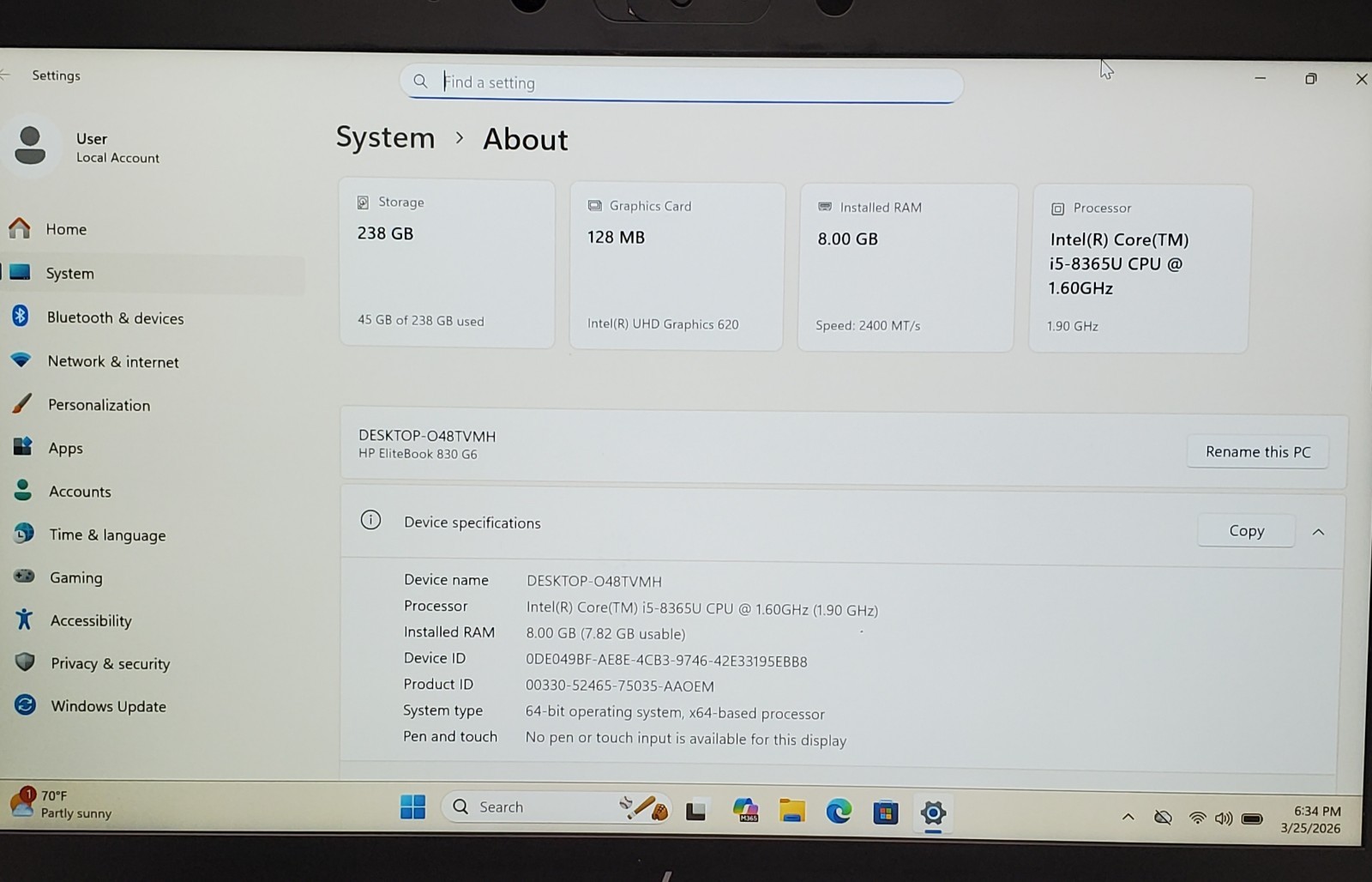 HP EliteBook 830 G6 Core i5-8365U @ 1.60GHz 8GB RAM 256GB SSD Windows 11 Pro