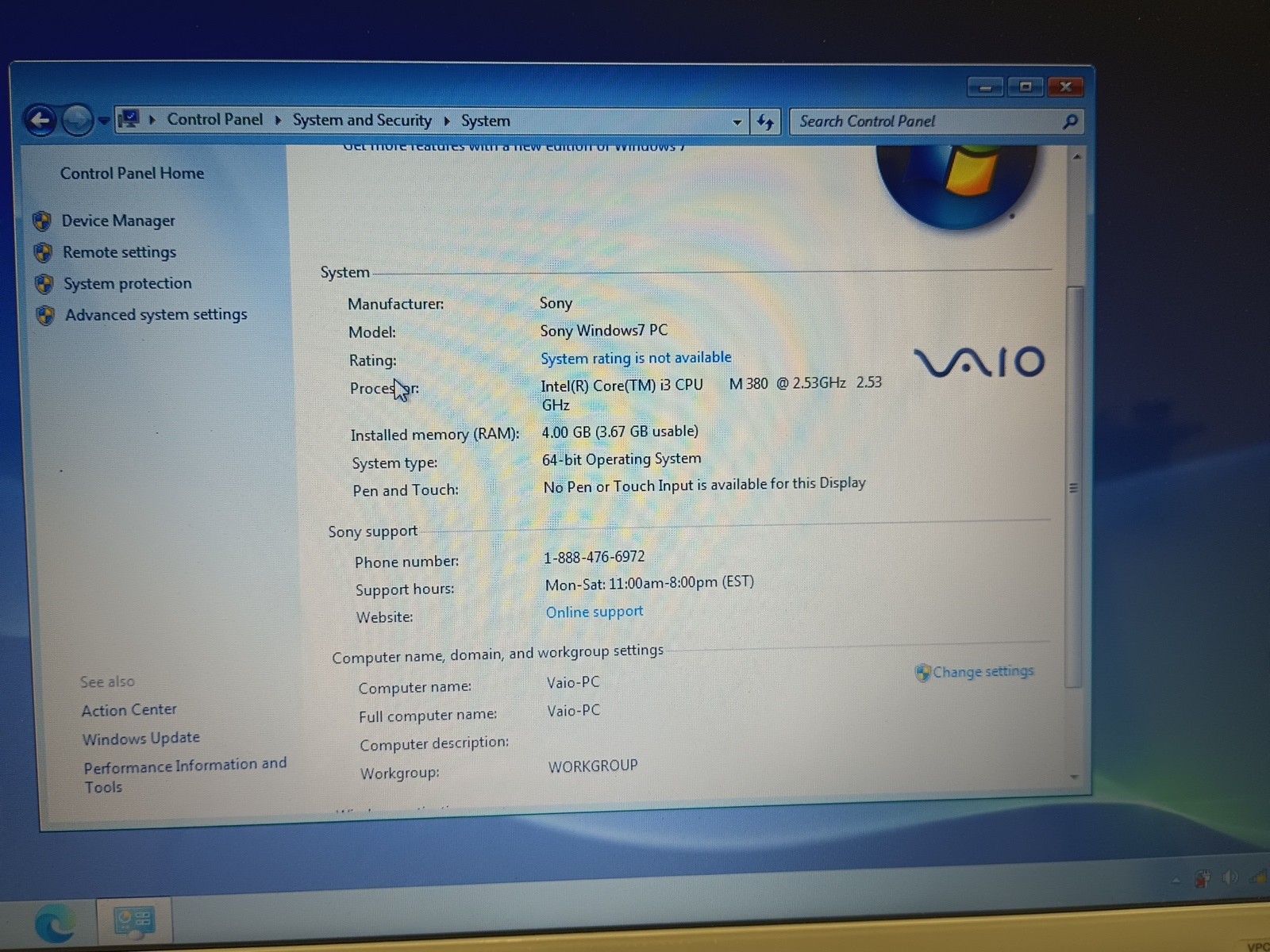 Sony Vaio VPCEB45FX Intel Core i3-380M 2.53GHz 4 GB 320Gb HDD Windows 7