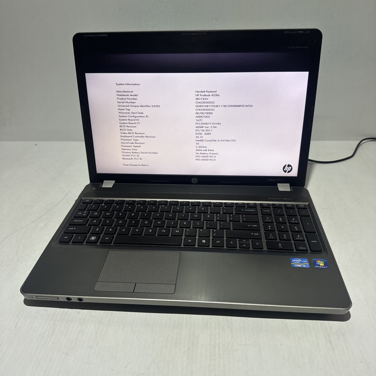 Hp Probook 4530s 15″ Laptop i5-2410m 4gb Ram No Drives Boots Bios NO P/S