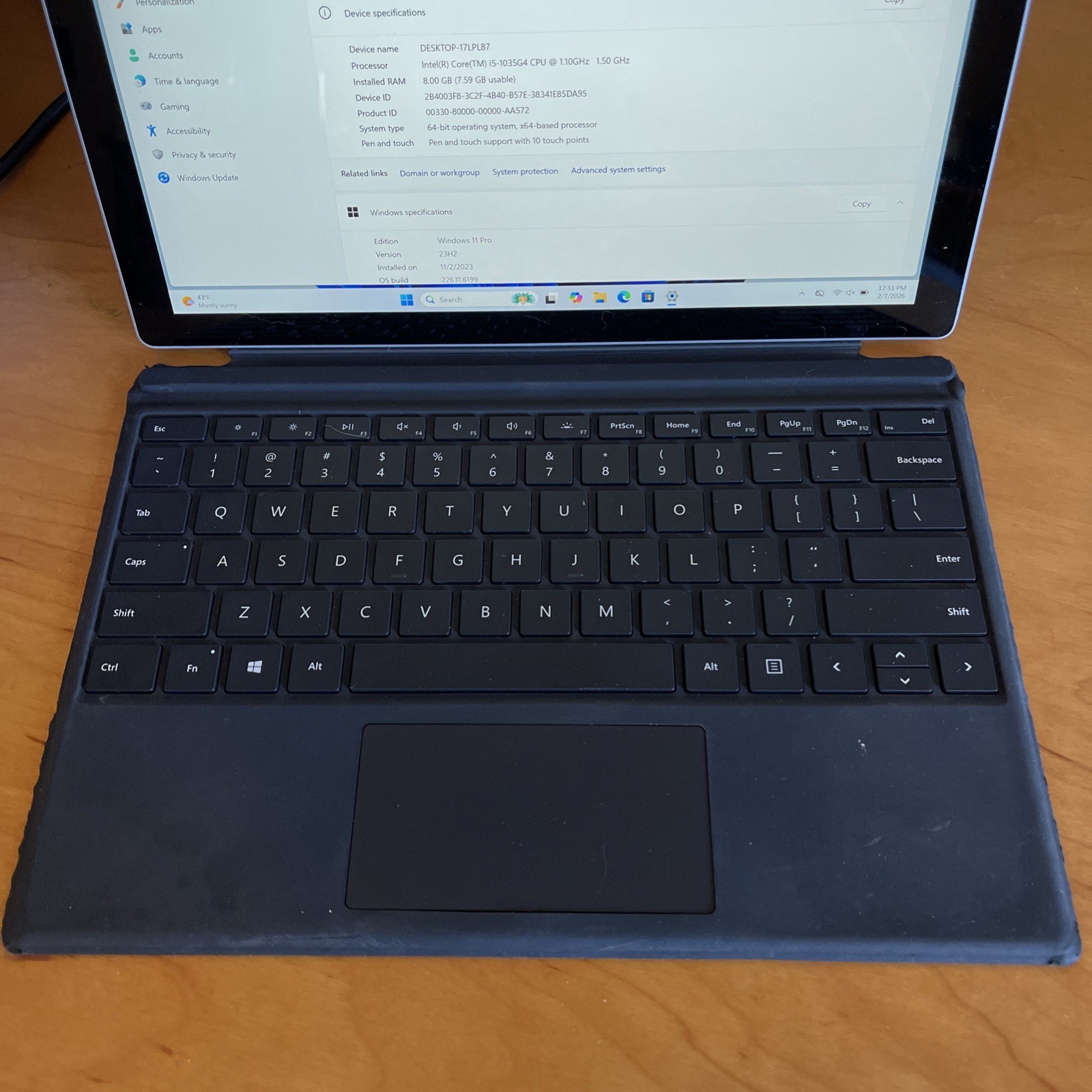 Microsoft Surface Pro 7 12.3″ Tablet i5-1035G4 8GB 128GB SSD Win11 BAD KEYBOARD