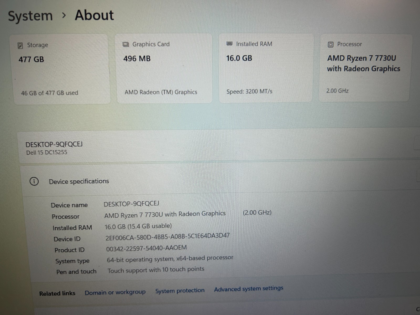 DELL 15 DC15255 G8MK9, AMD Ryzen 7 7730U, 2.00 GHz, 16 GB RAM, 512 GB NVMe SSD