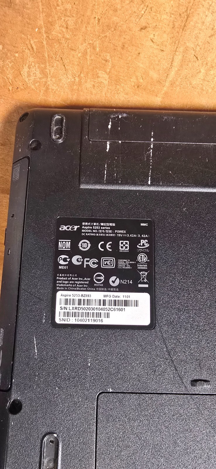 Acer Aspire 5253-BZ893 Laptop For Parts Password Locked Bad Battery No Accessori