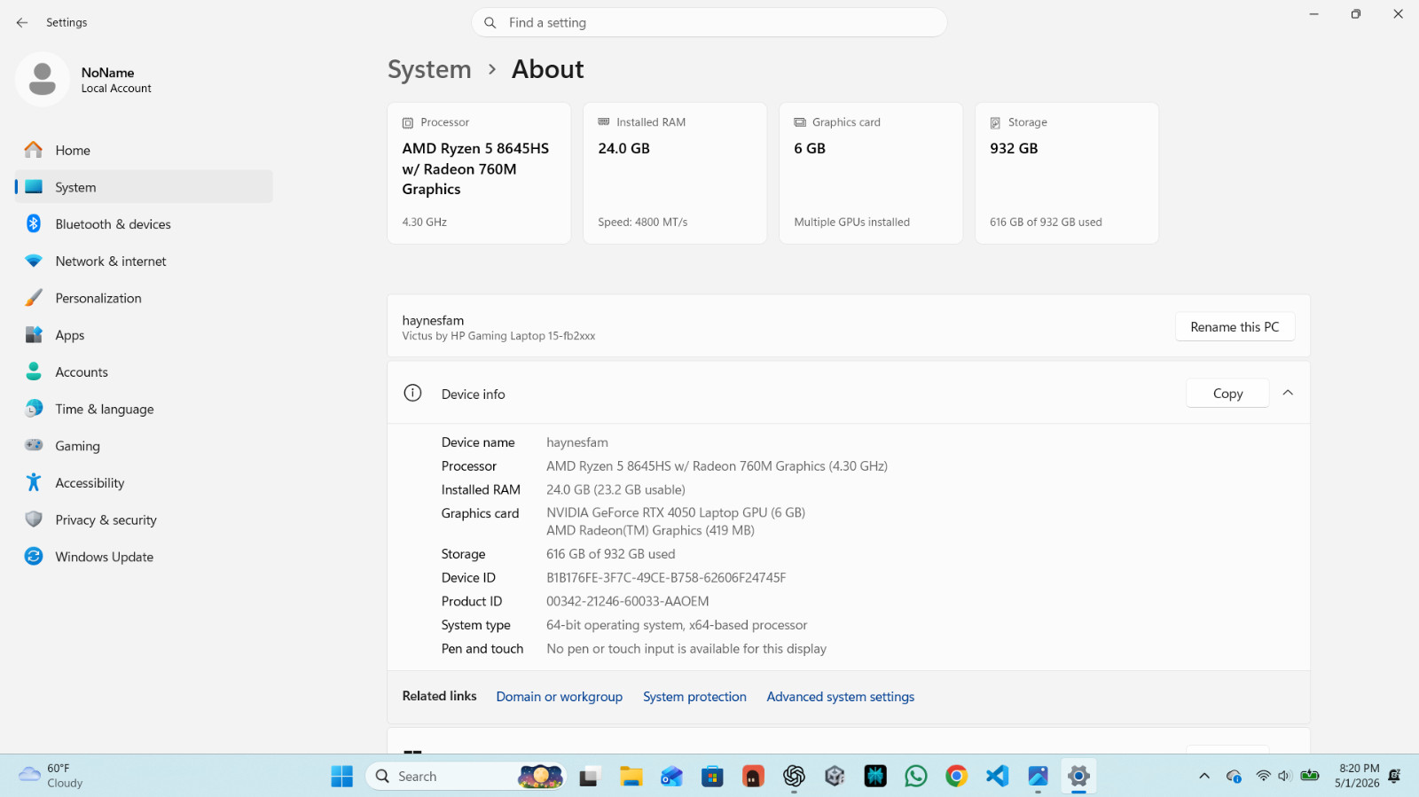 HP Victus (2025) 15.6″ Full HD Ryzen 7-7445HS-24GB RAM-RTX 4050-1TB SSD