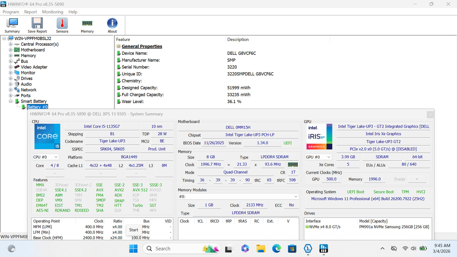 Dell XPS 13 9305 FHD 13″ I5-1135G7 256GB 8GB W11P Webcam Backlit FP Reader