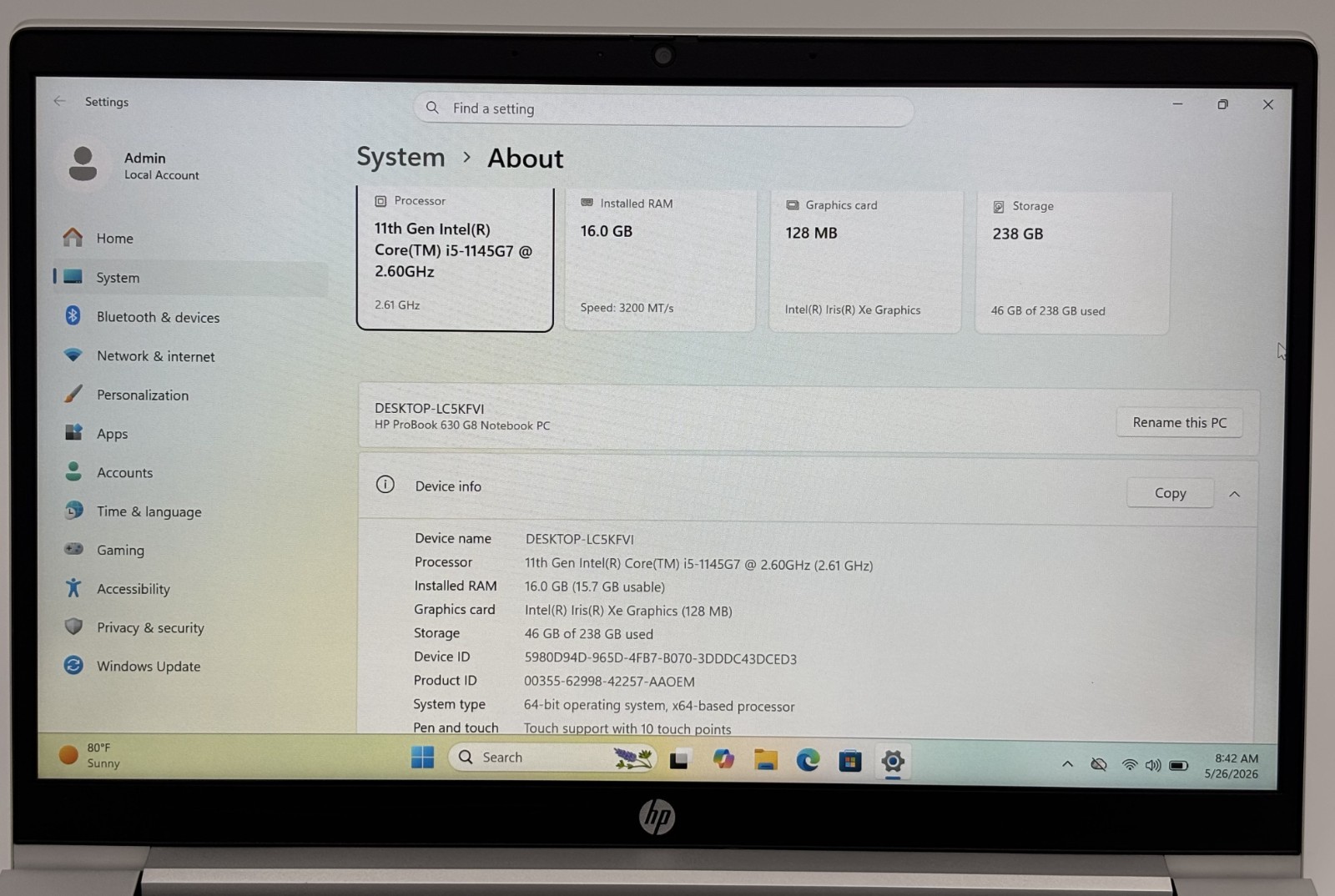 Touch HP ProBook 630 G8 Core i5-1145G7 2.60GHz 16 GB 256 GB NVMe Windows 11 Pro
