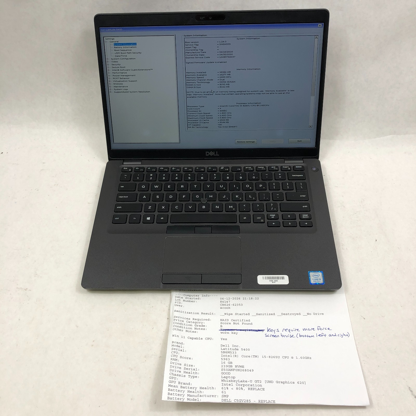 Lot of 8 Dell Latitude 5400 Laptop i5-8265U 1.6GHz 8GB NO SSD 14″ No OS Read