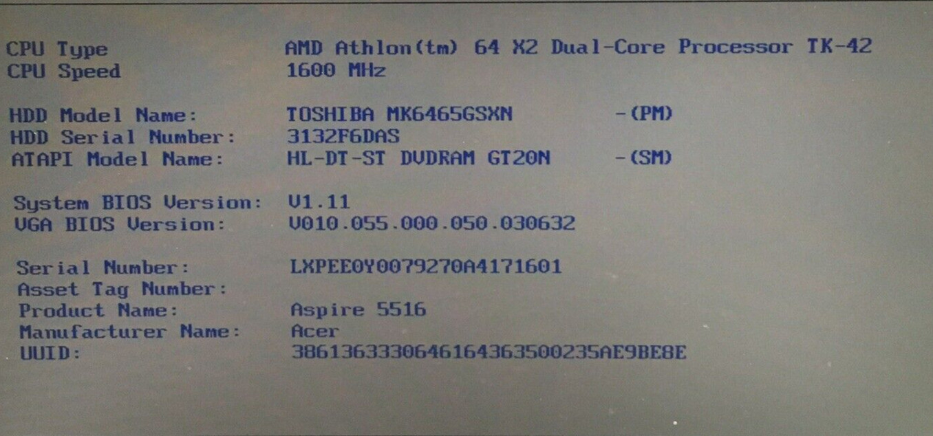 Acer Aspire 5516 Laptop AMD Athlon 64 X2 ATI 3GB RAM 640GB HDD Boots/Bios H2951