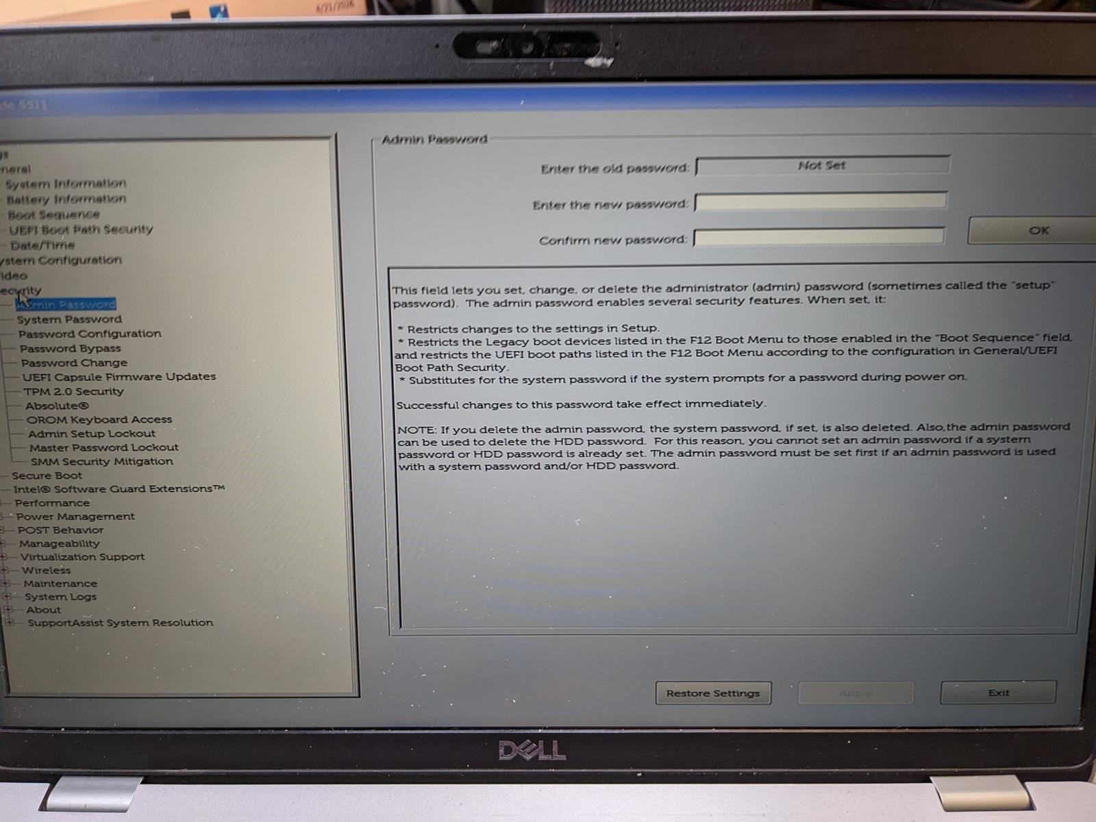 DELL LATITUDE 5511 i7-10850H @ 2.70 GHz, 8GB RAM, NO HDD/OS